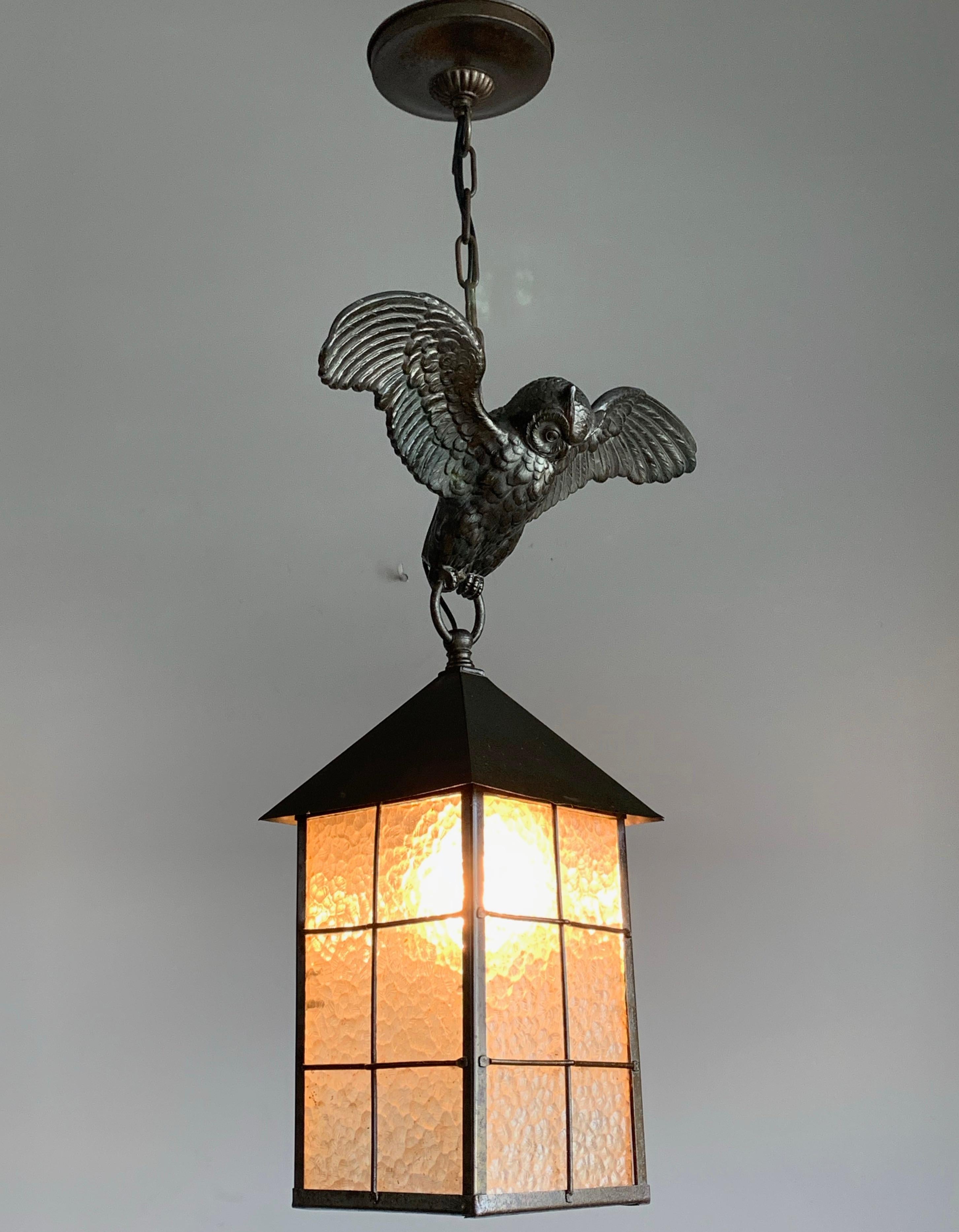 Rare and beautifully handcrafted owl holding a lantern.

This beautifully executed and sculptural light fixture will look great at home, but it can also create the perfect atmosphere in a library or other building where gaining knowledge, where
