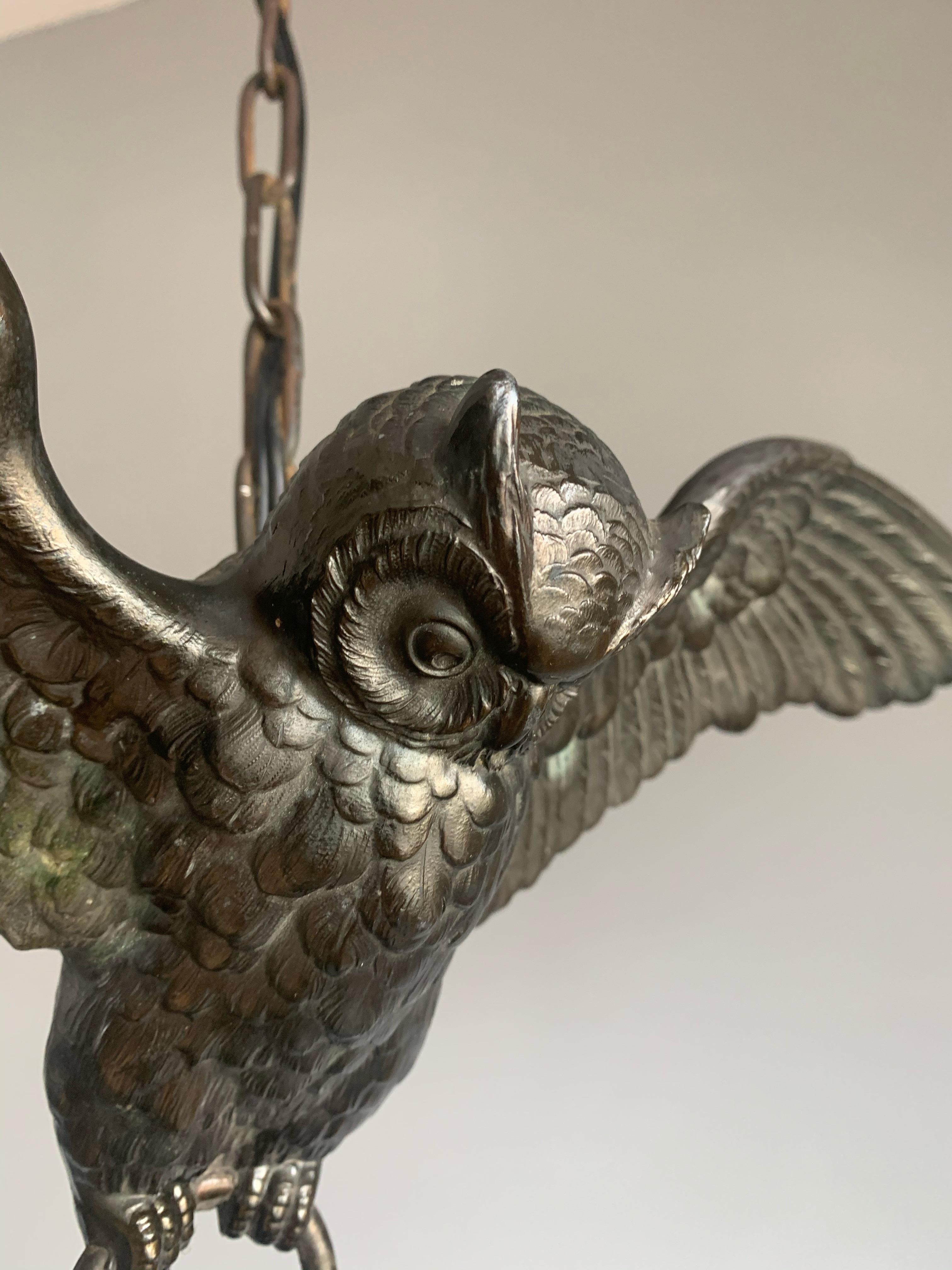 Austrian Arts and Crafts Bronze Owl Sculpture Pendant Light with Cathedral Glass Lantern