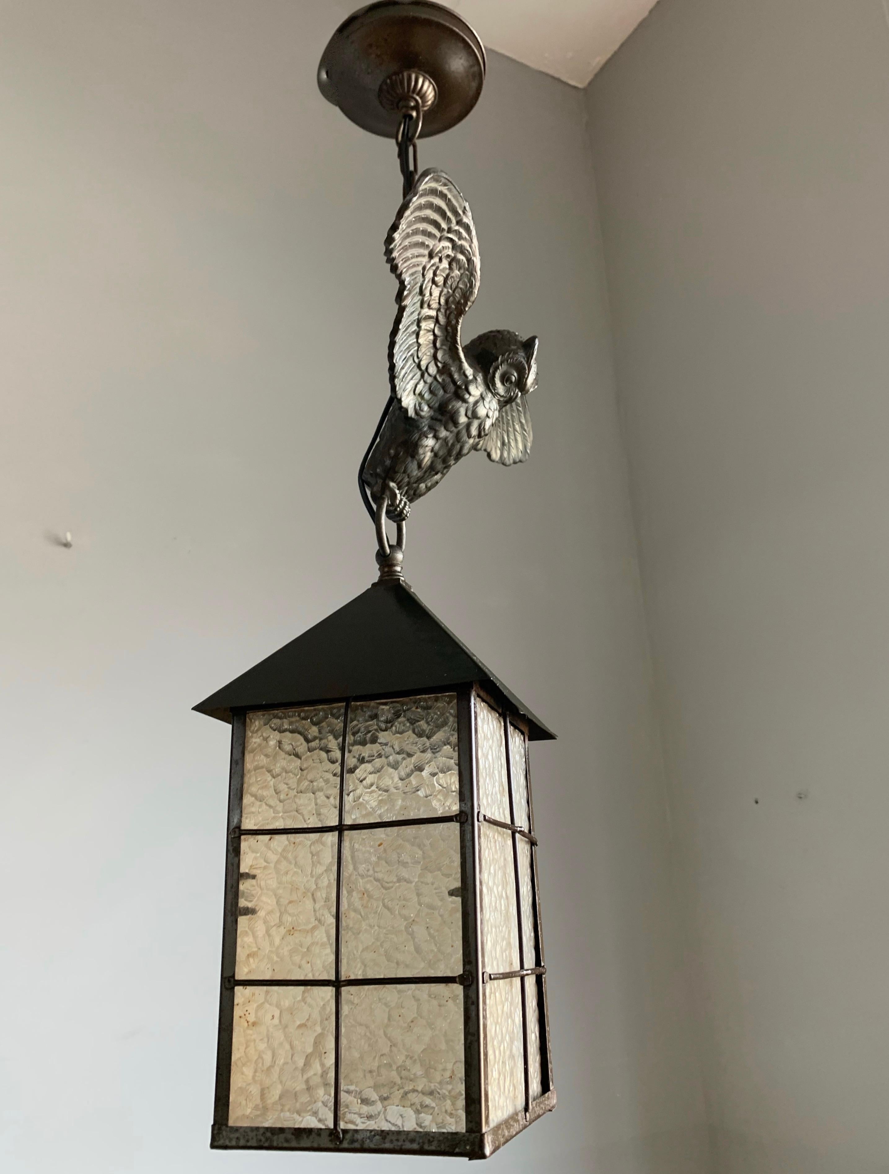 20th Century Arts and Crafts Bronze Owl Sculpture Pendant Light with Cathedral Glass Lantern