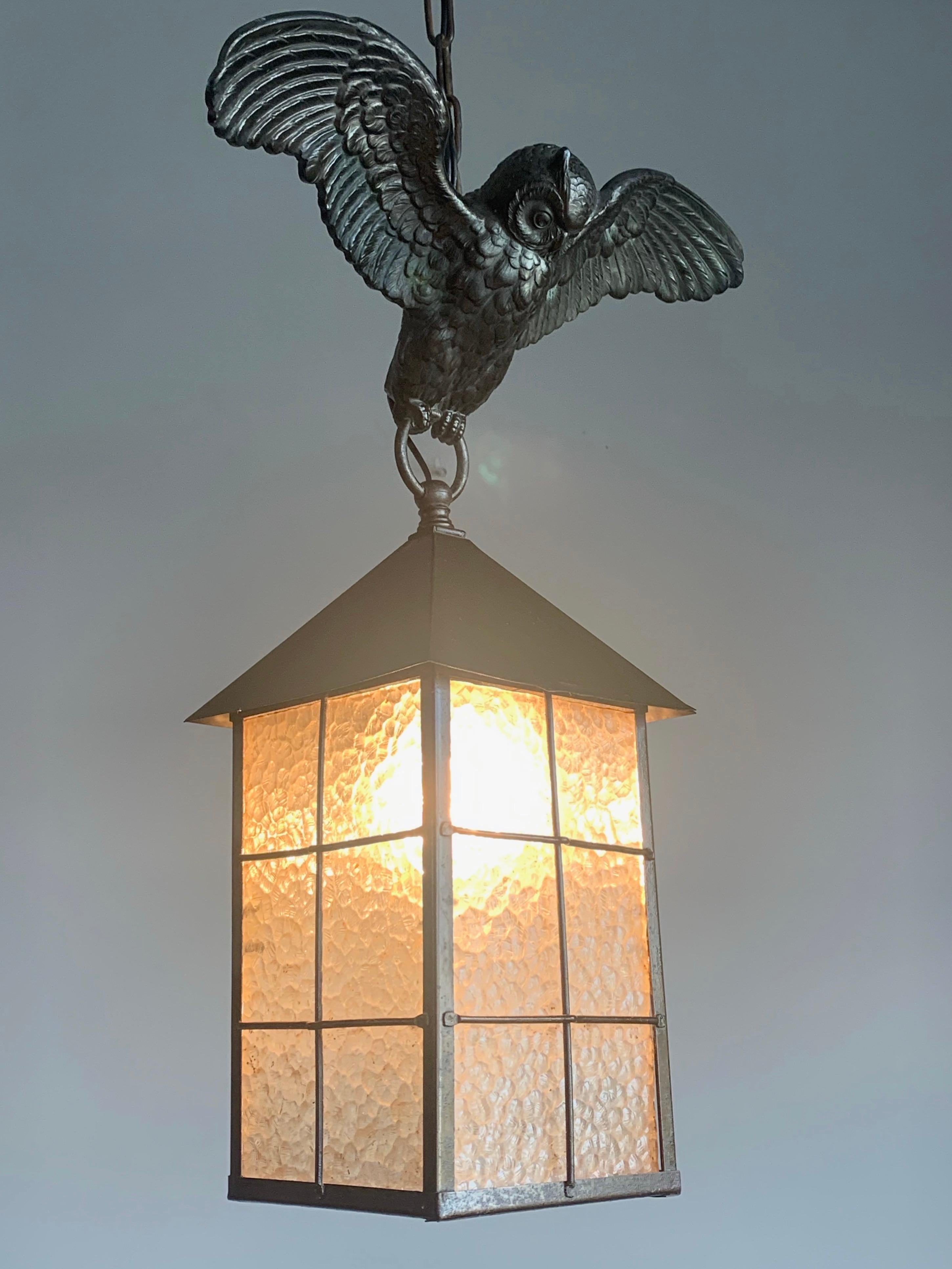Arts and Crafts Bronze Owl Sculpture Pendant Light with Cathedral Glass Lantern 1
