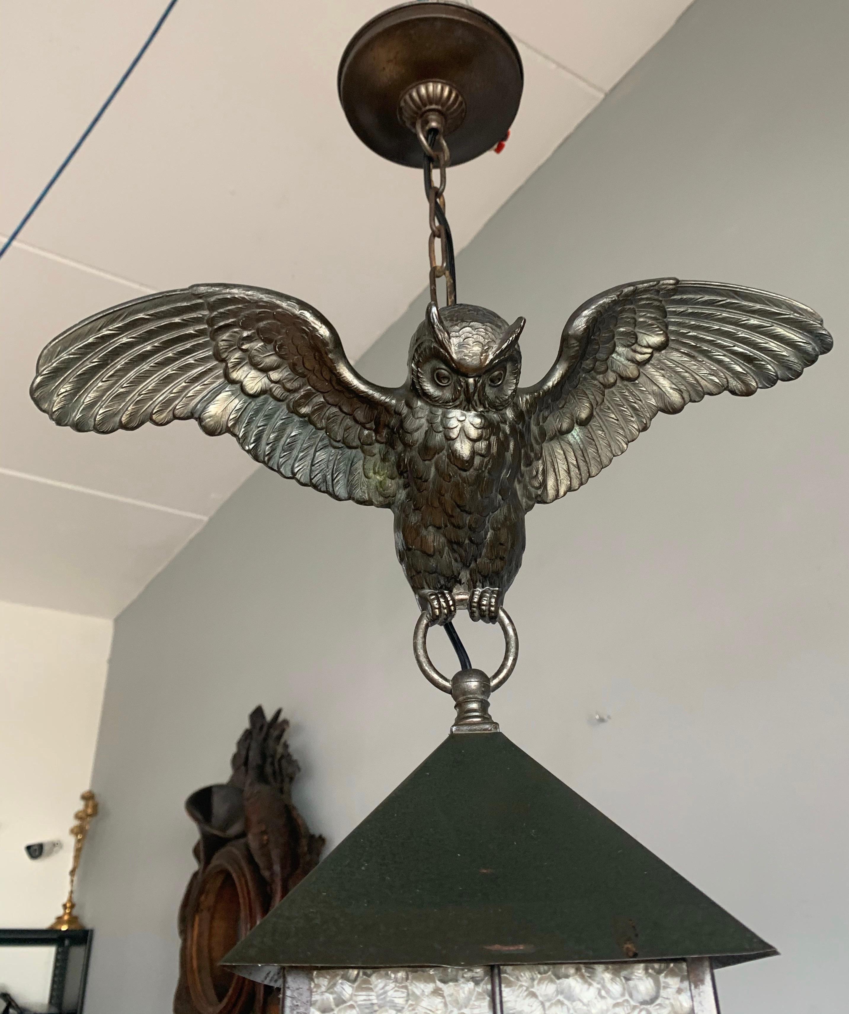 Arts and Crafts Bronze Owl Sculpture Pendant Light with Cathedral Glass Lantern 3