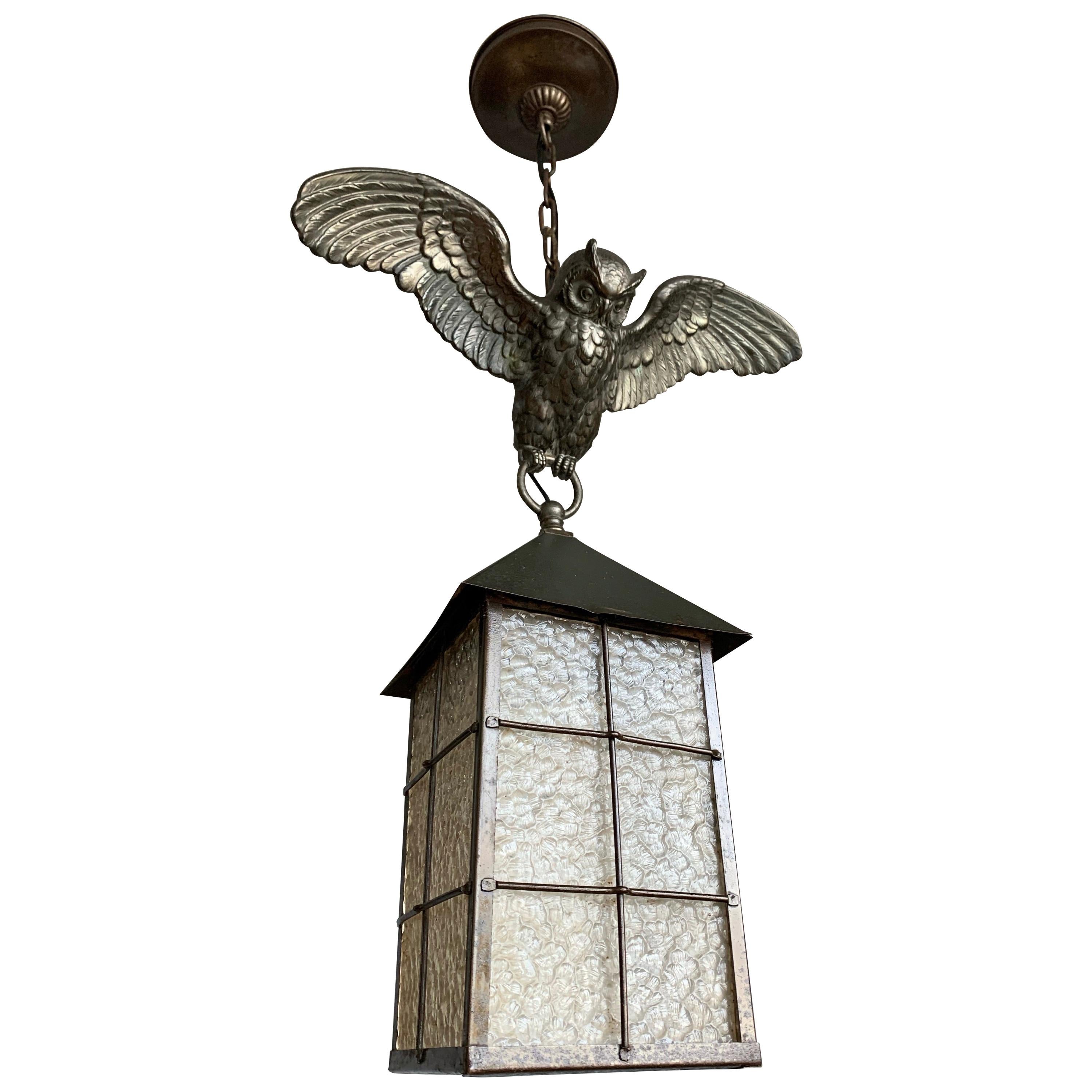 Arts and Crafts Bronze Owl Sculpture Pendant Light with Cathedral Glass Lantern