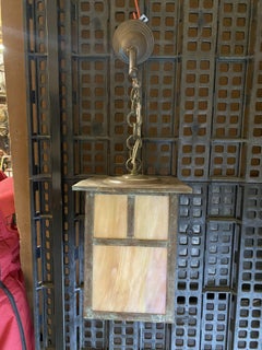 Arts and Crafts Bronze Sconce on Chain w/ Iridescent Art Glass Shade