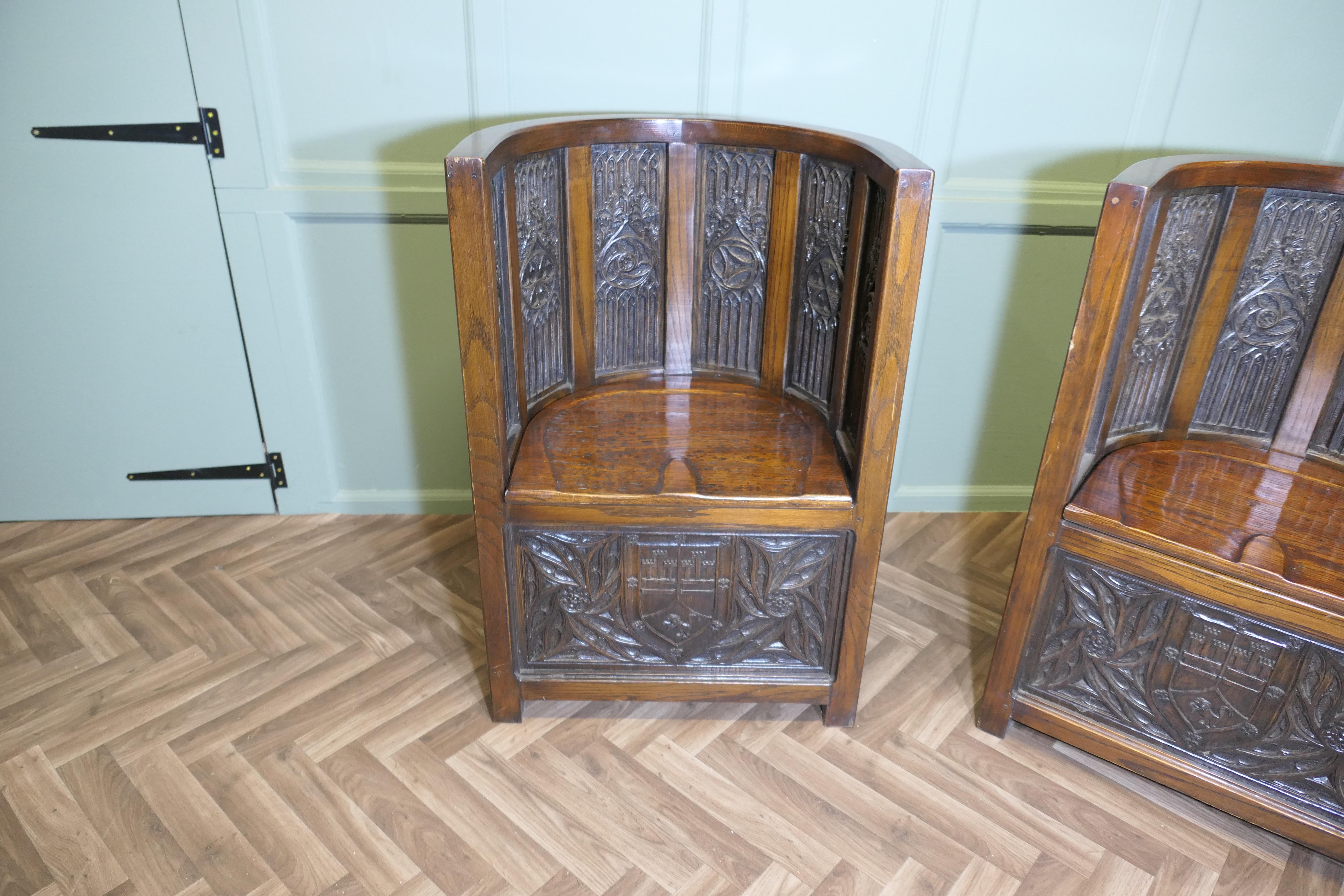 Arts and Crafts Carved Barrel Back Hall or Library Chairs in vendita 3