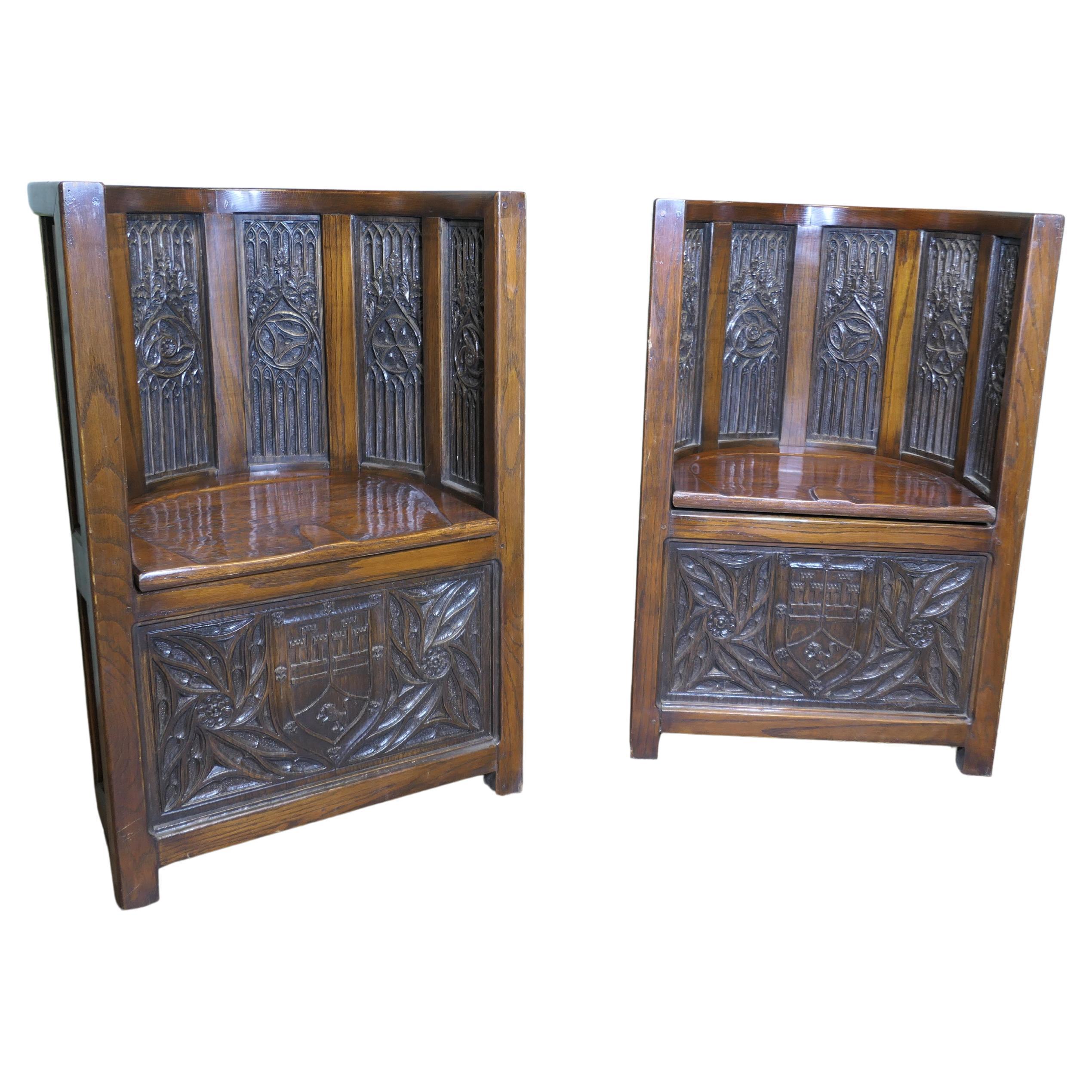 Arts and Crafts Carved Barrel Back Hall or Library Chairs