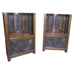 Arts and Crafts Carved Barrel Back Hall or Library Chairs