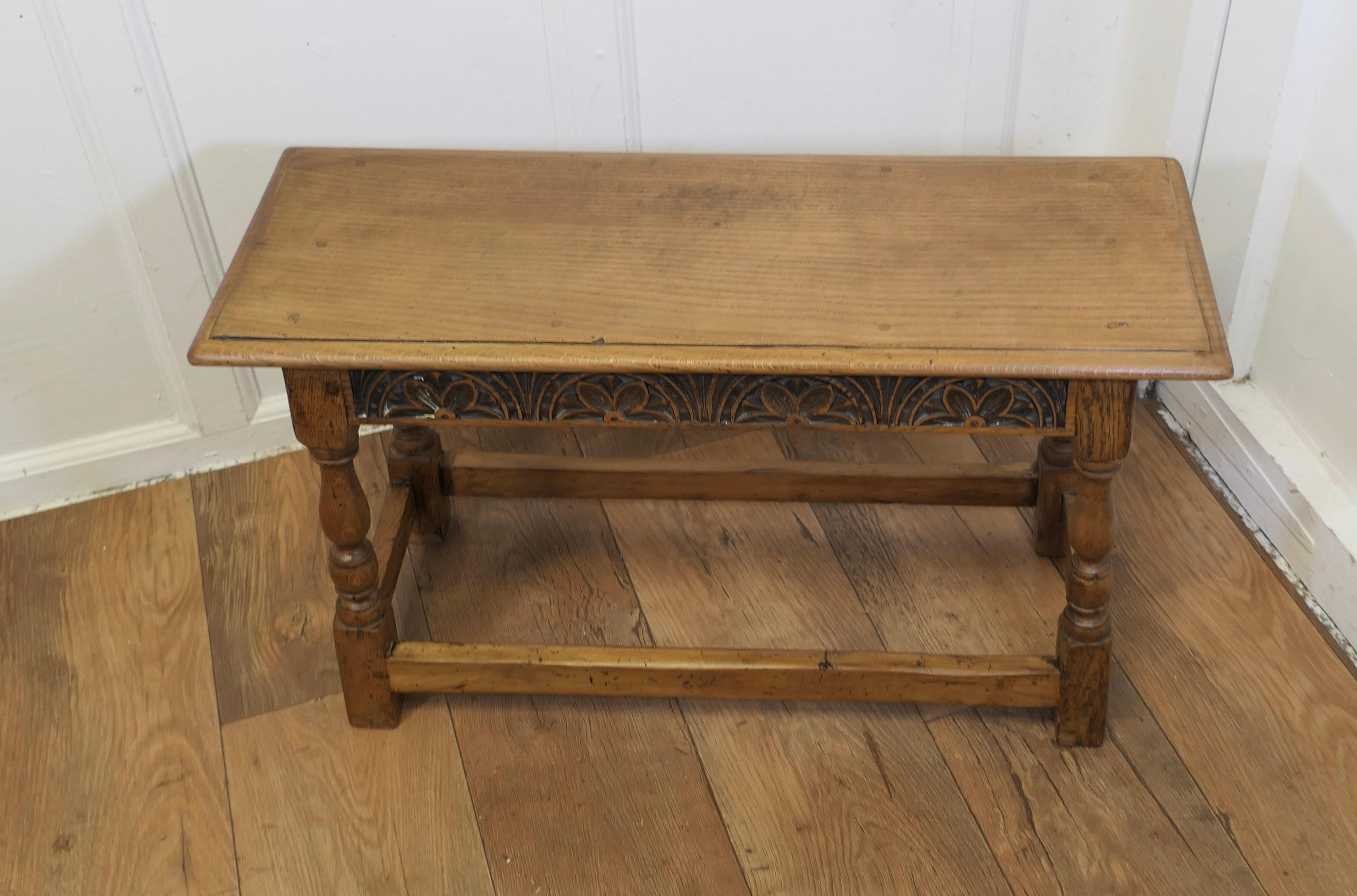 Late 19th Century Arts and Crafts Carved Country Golden Oak Joint Style Window Seat, Hall Bench  