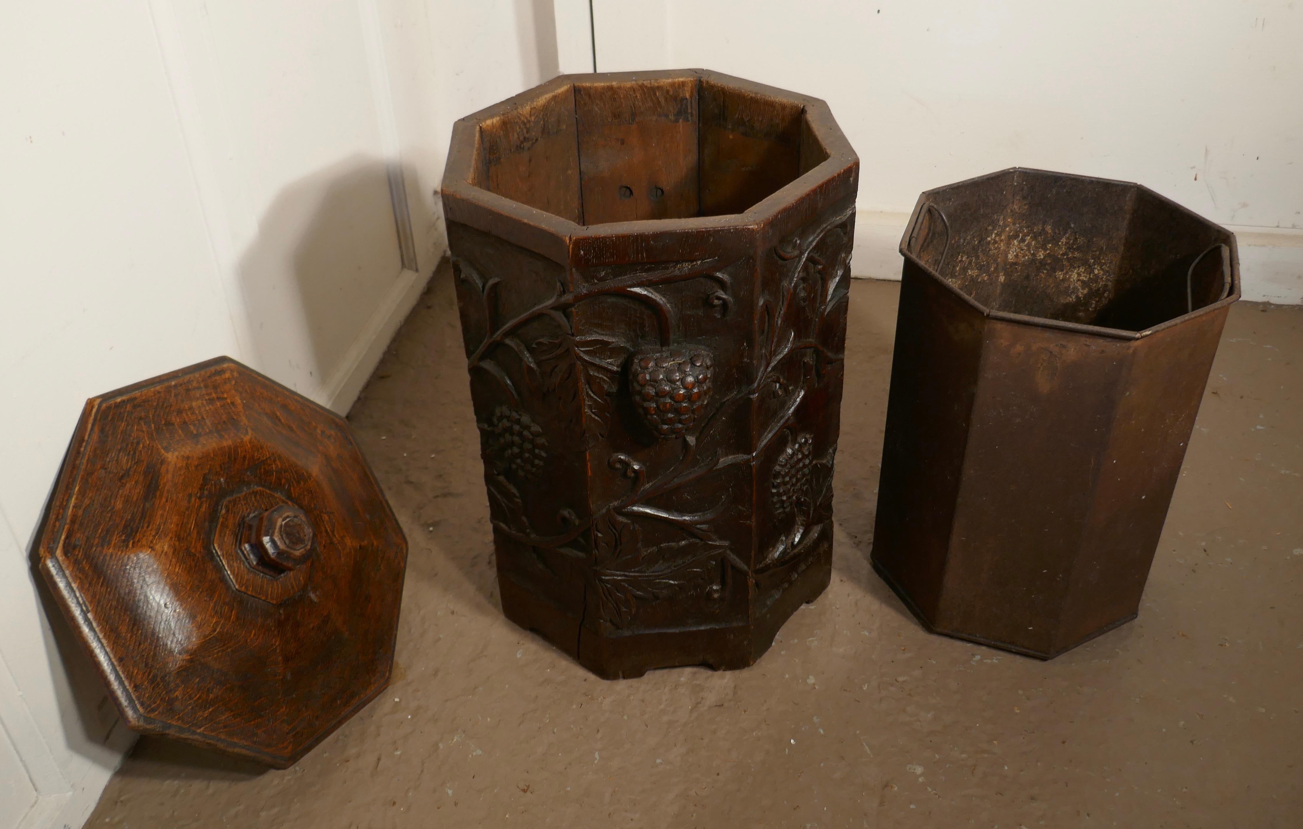 Arts & Crafts Carved Oak Lined Coal or Log Bucket 1