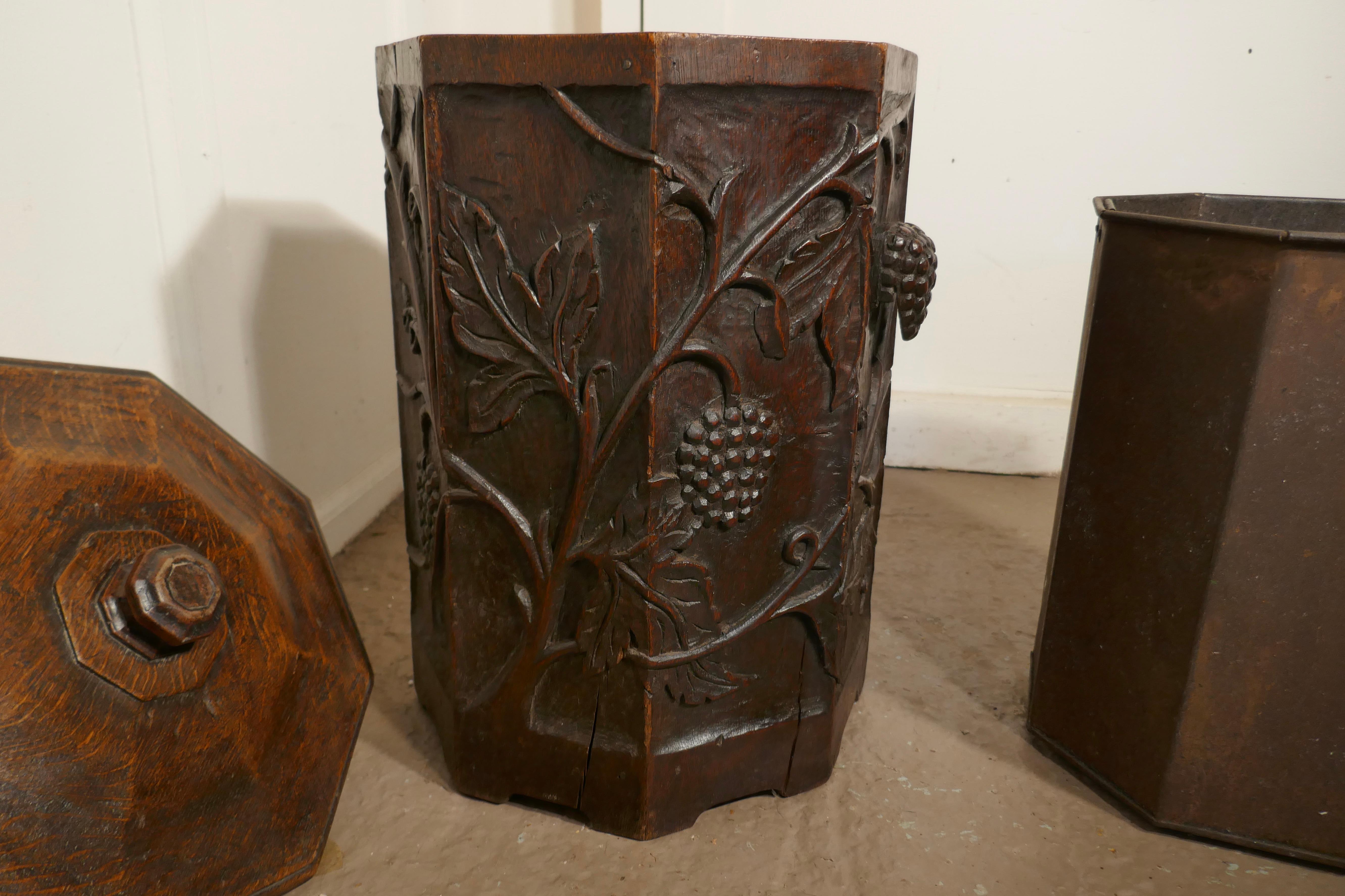 Arts & Crafts Carved Oak Lined Coal or Log Bucket 2