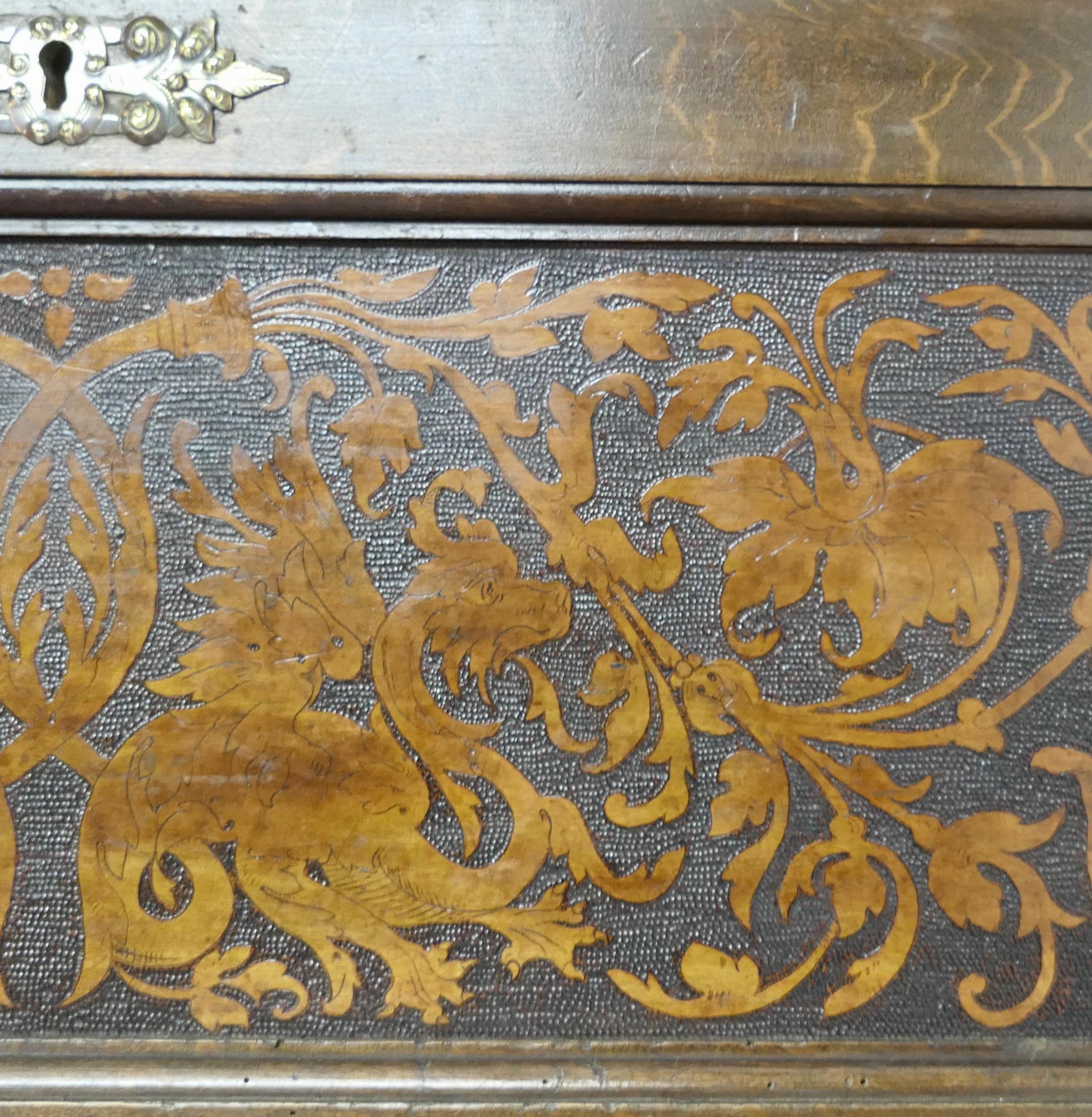 Arts and Crafts Carved Oak Marriage Chest or Carved Coffer    For Sale 5