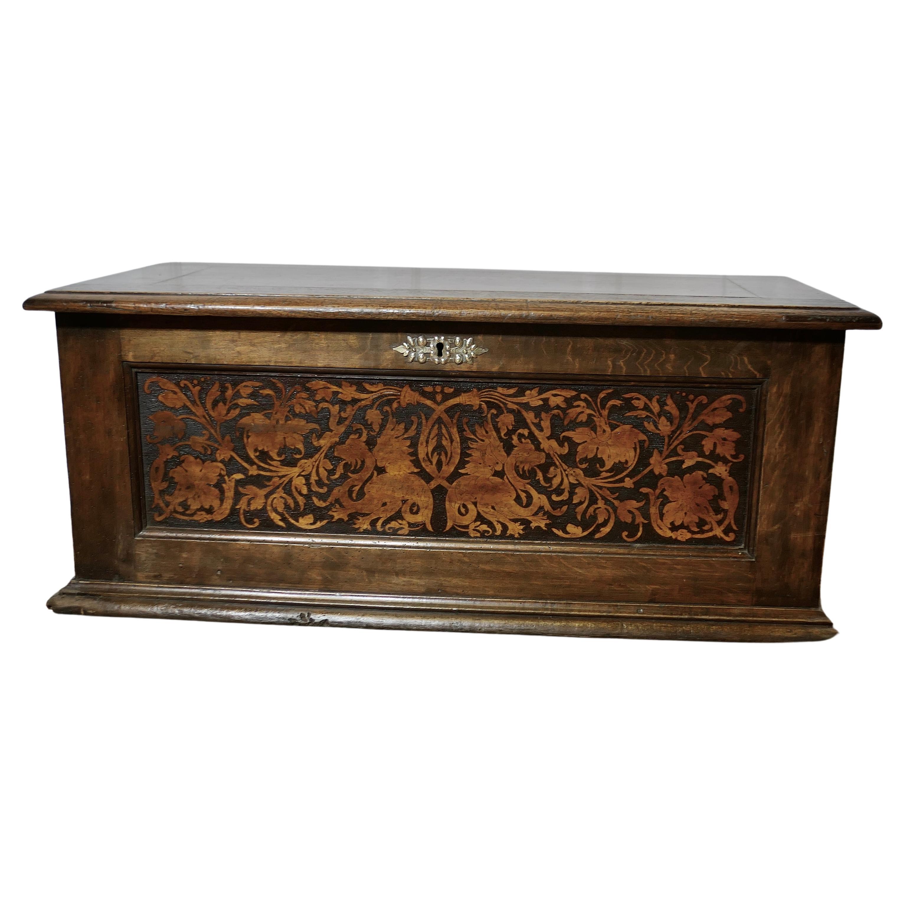 Arts and Crafts Carved Oak Marriage Chest or Carved Coffer    For Sale