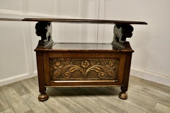 Arts & Crafts Carved Oak Monks Bench Settle, Hall Table.