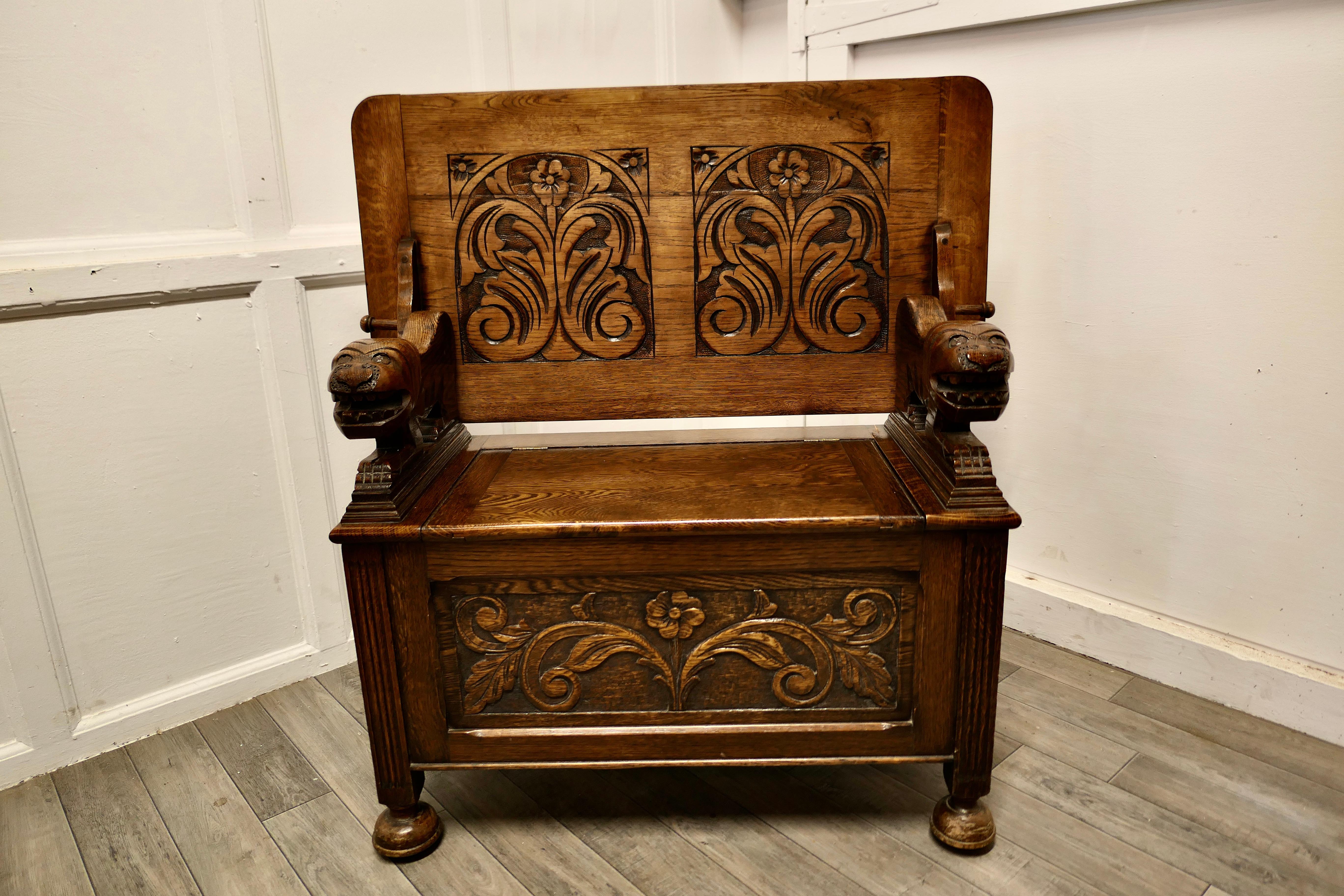 Arts and Crafts Arts & Crafts Carved Oak Monks Bench Settle, Hall Table.
