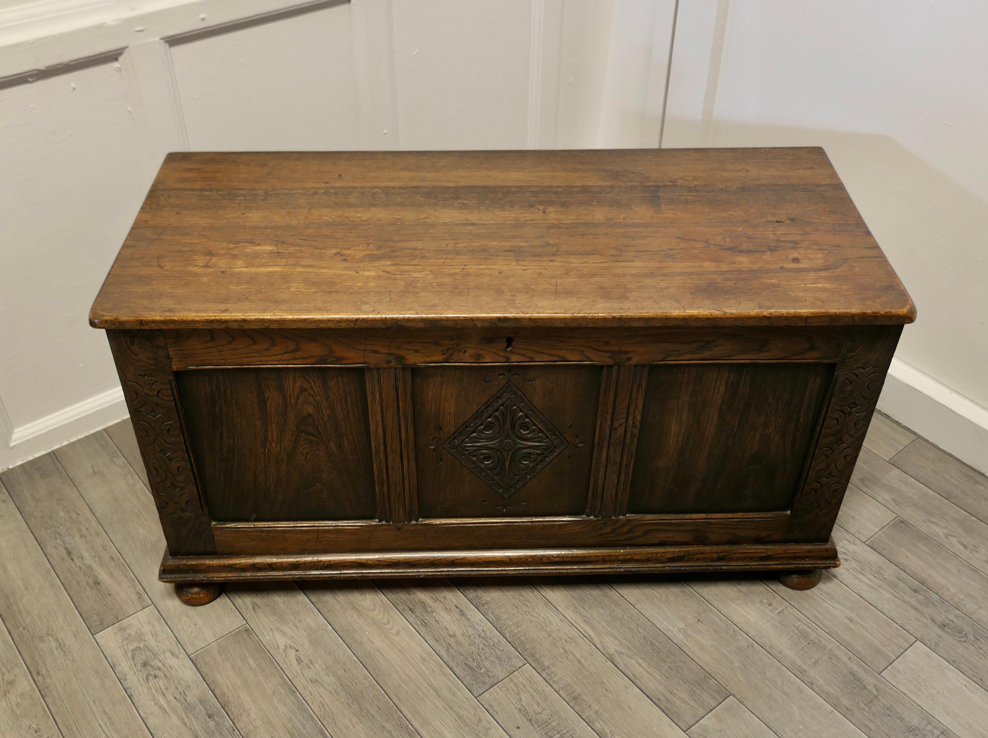 19th Century Arts and Crafts Carved Panelled Oak Coffer
