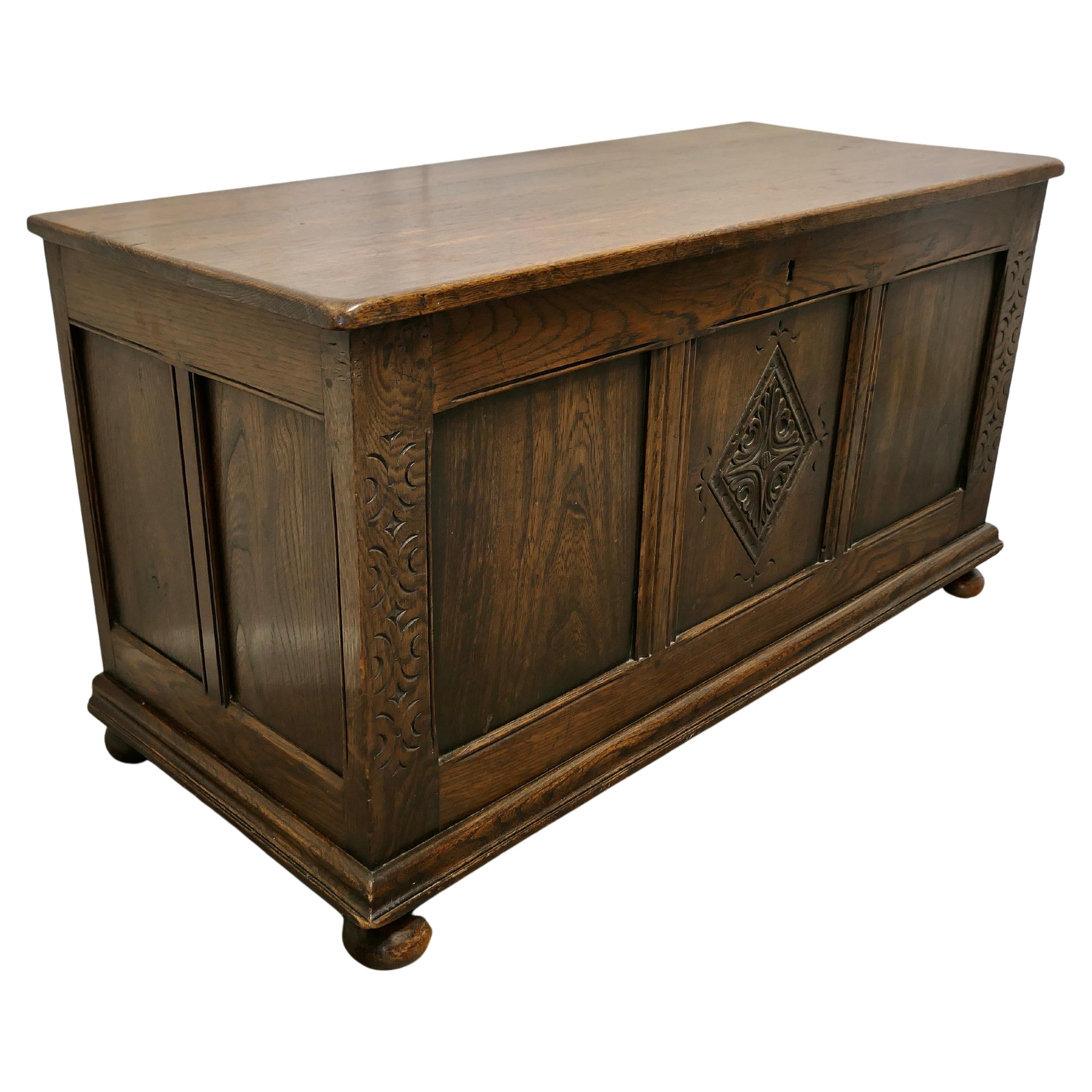 Arts and Crafts Carved Panelled Oak Coffer