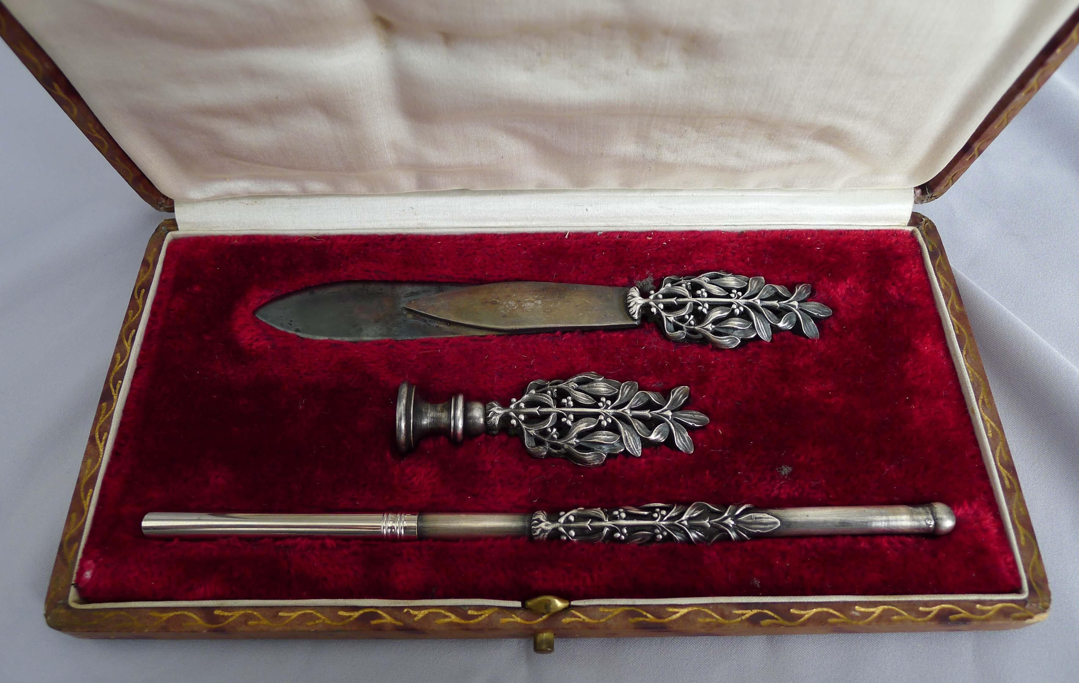 English Arts & Crafts Cased Steel Desk Set of Book Mark, Seal and Pen For Sale