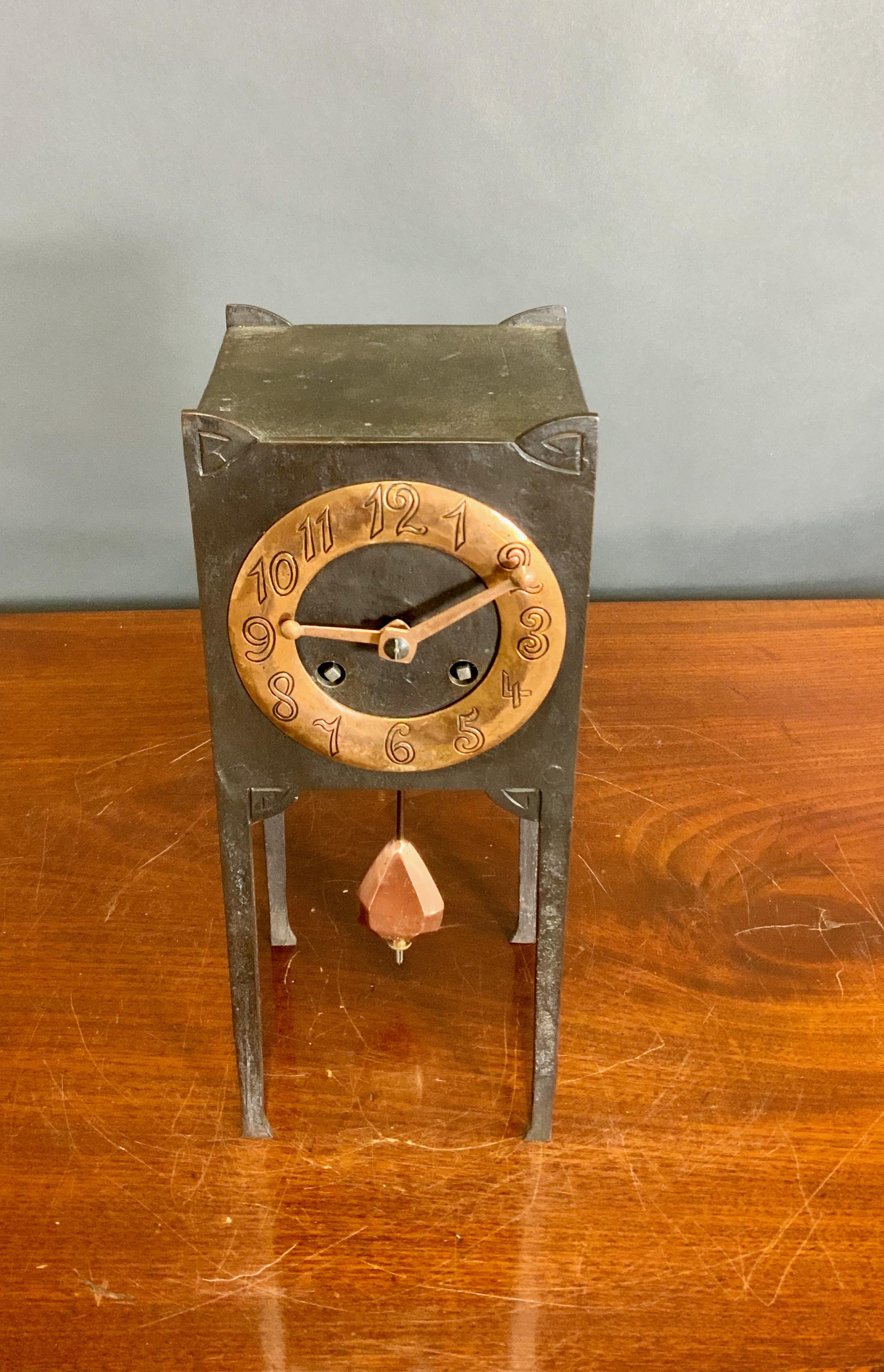 Arts and Crafts Cast Iron and Copper Mantel Clock For Sale 6