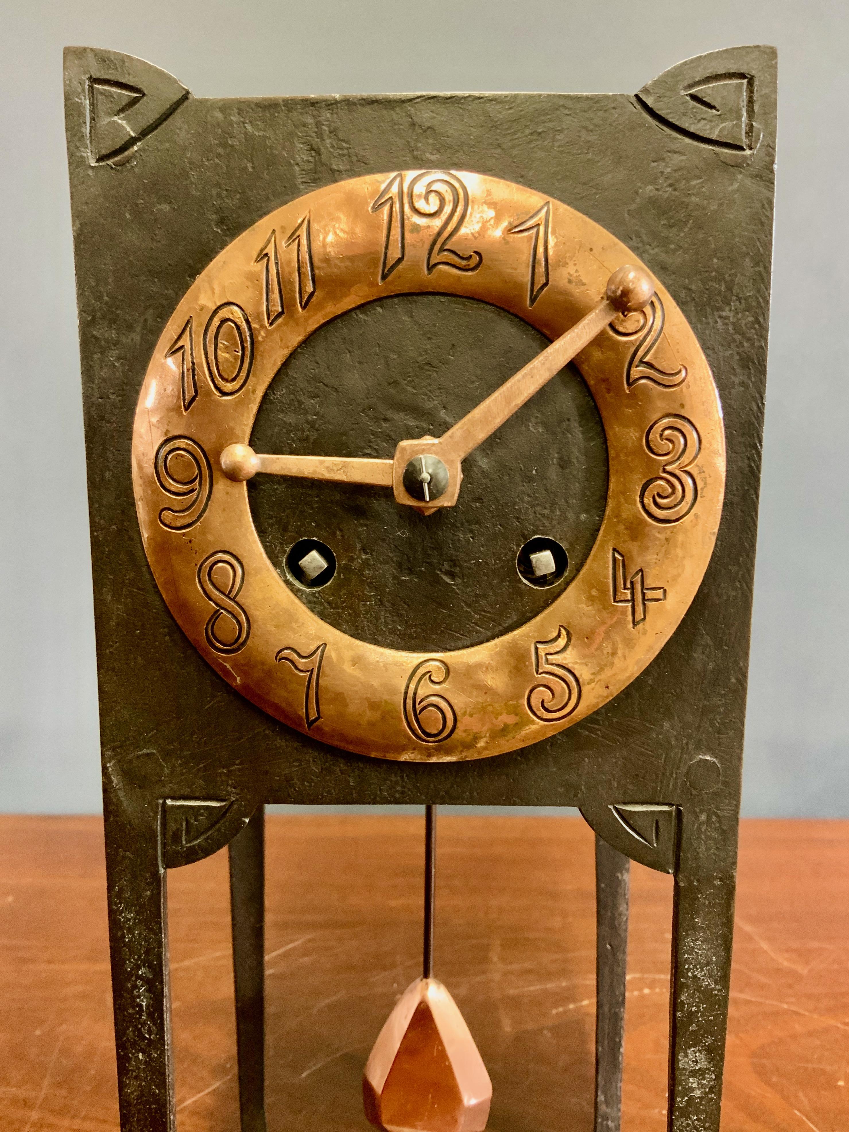 German Arts and Crafts Cast Iron and Copper Mantel Clock For Sale