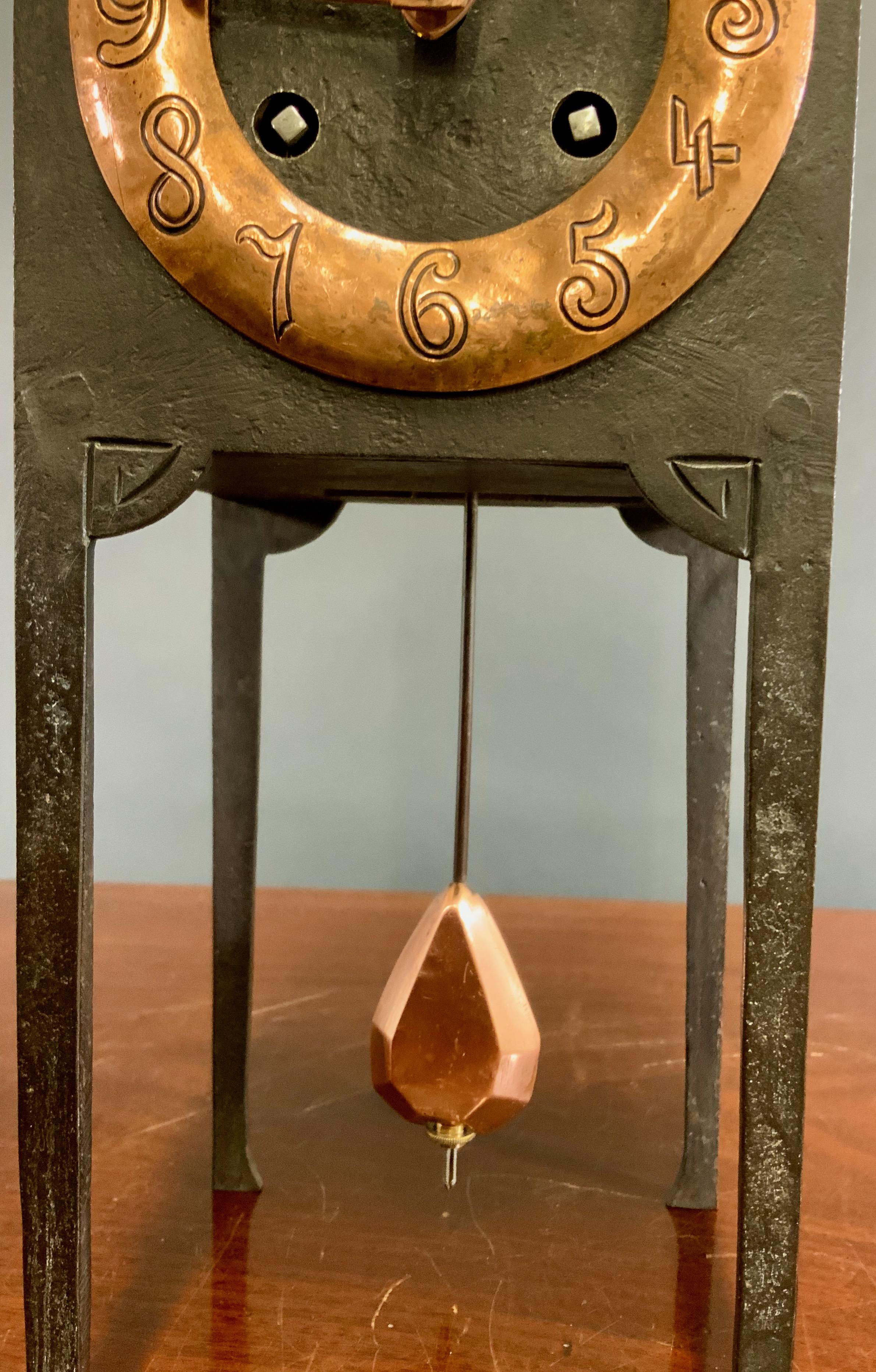Arts and Crafts Cast Iron and Copper Mantel Clock In Good Condition For Sale In Norwich, GB