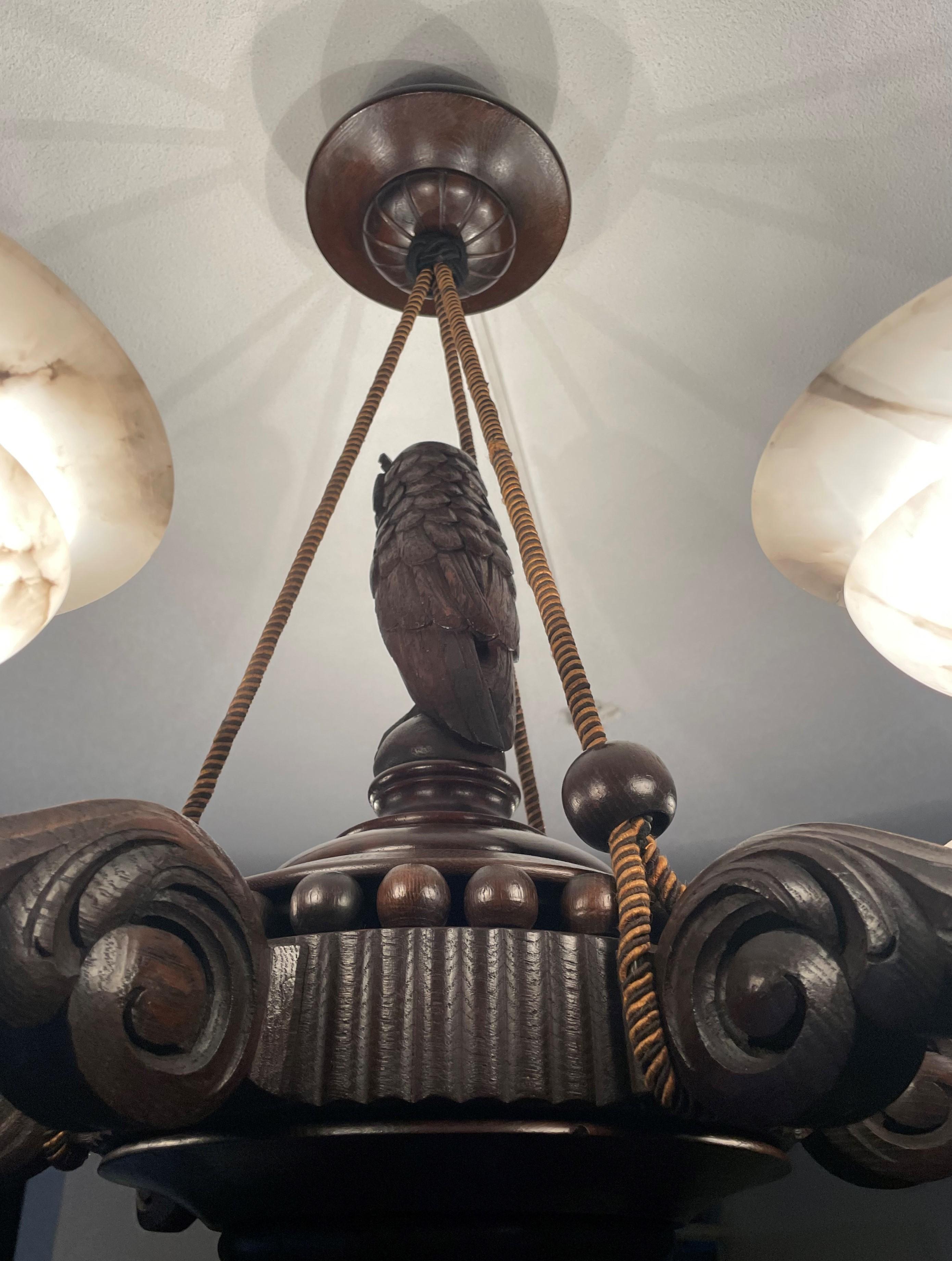 Arts & Crafts Chandelier with a Great Owl Sculpture & Perfect Alabaster Shades For Sale 6
