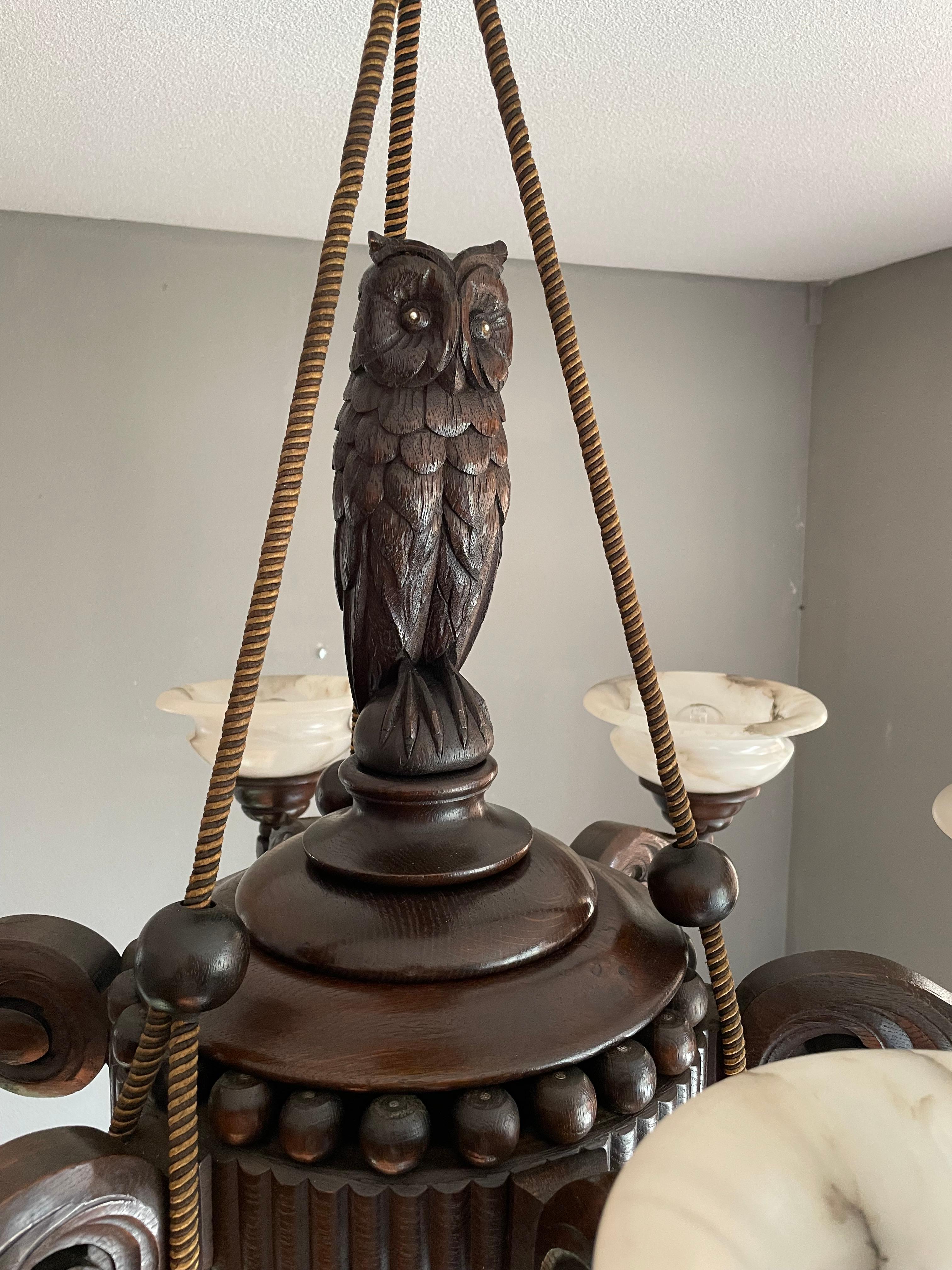 Arts & Crafts Chandelier with a Great Owl Sculpture & Perfect Alabaster Shades For Sale 9