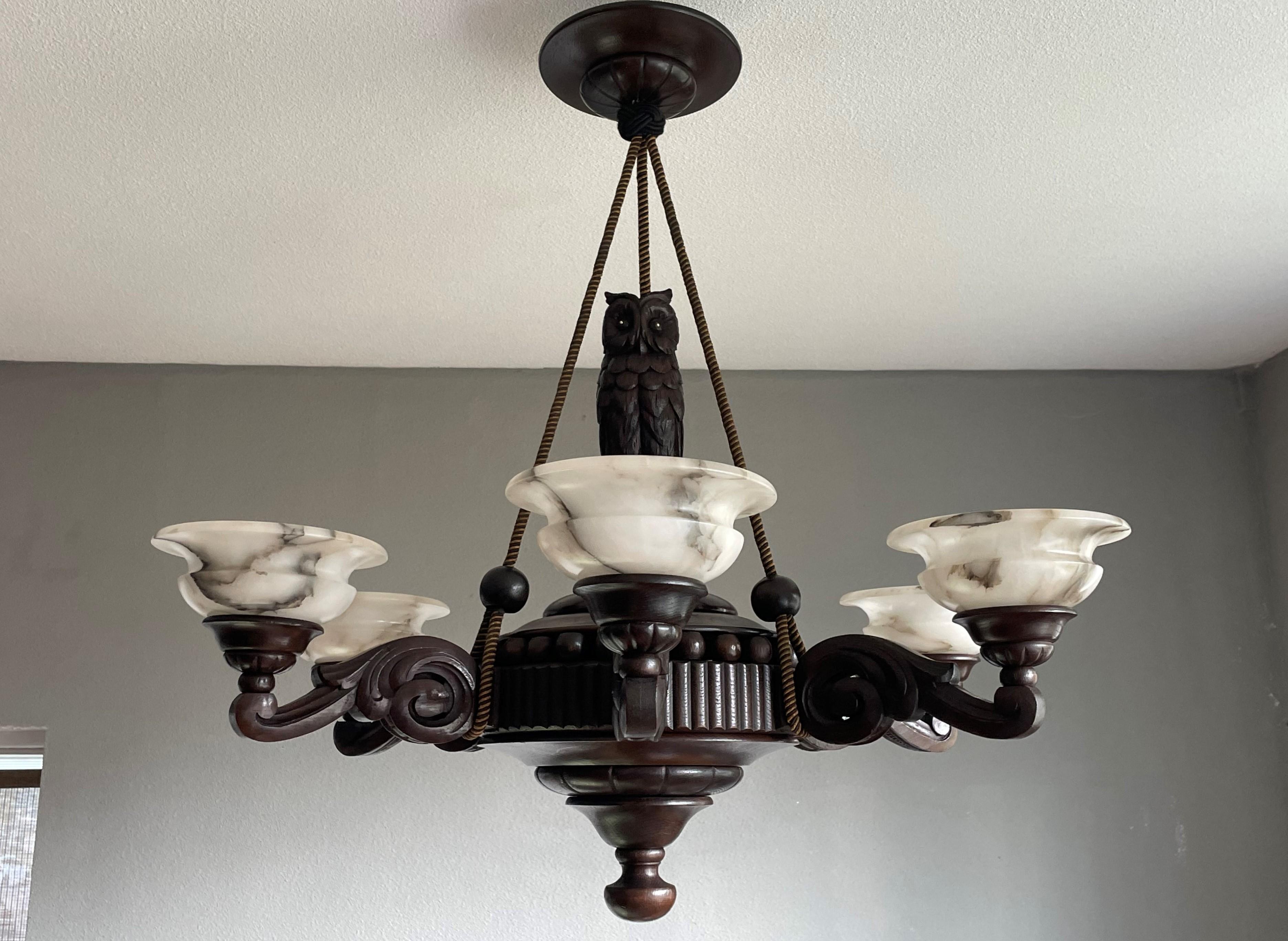 Arts & Crafts Chandelier with a Great Owl Sculpture & Perfect Alabaster Shades For Sale 11