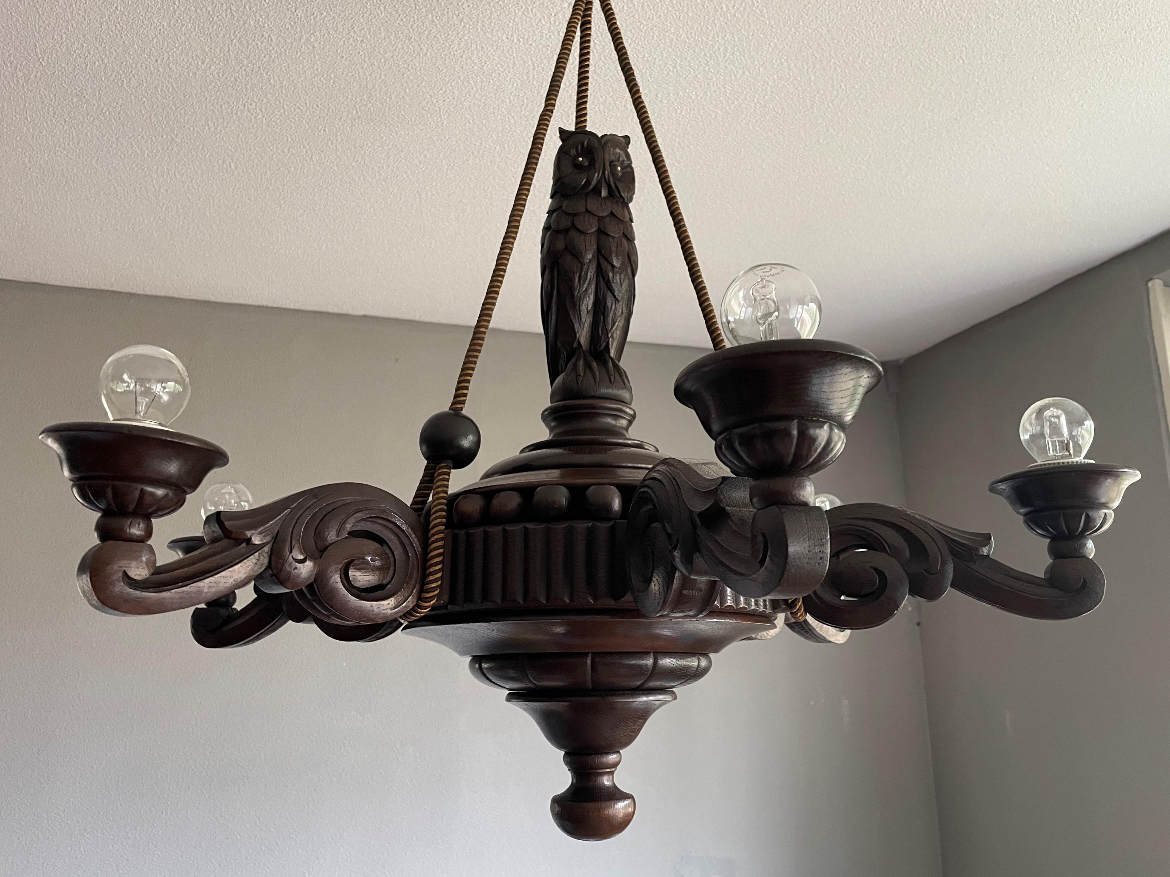 European Arts & Crafts Chandelier with a Great Owl Sculpture & Perfect Alabaster Shades For Sale
