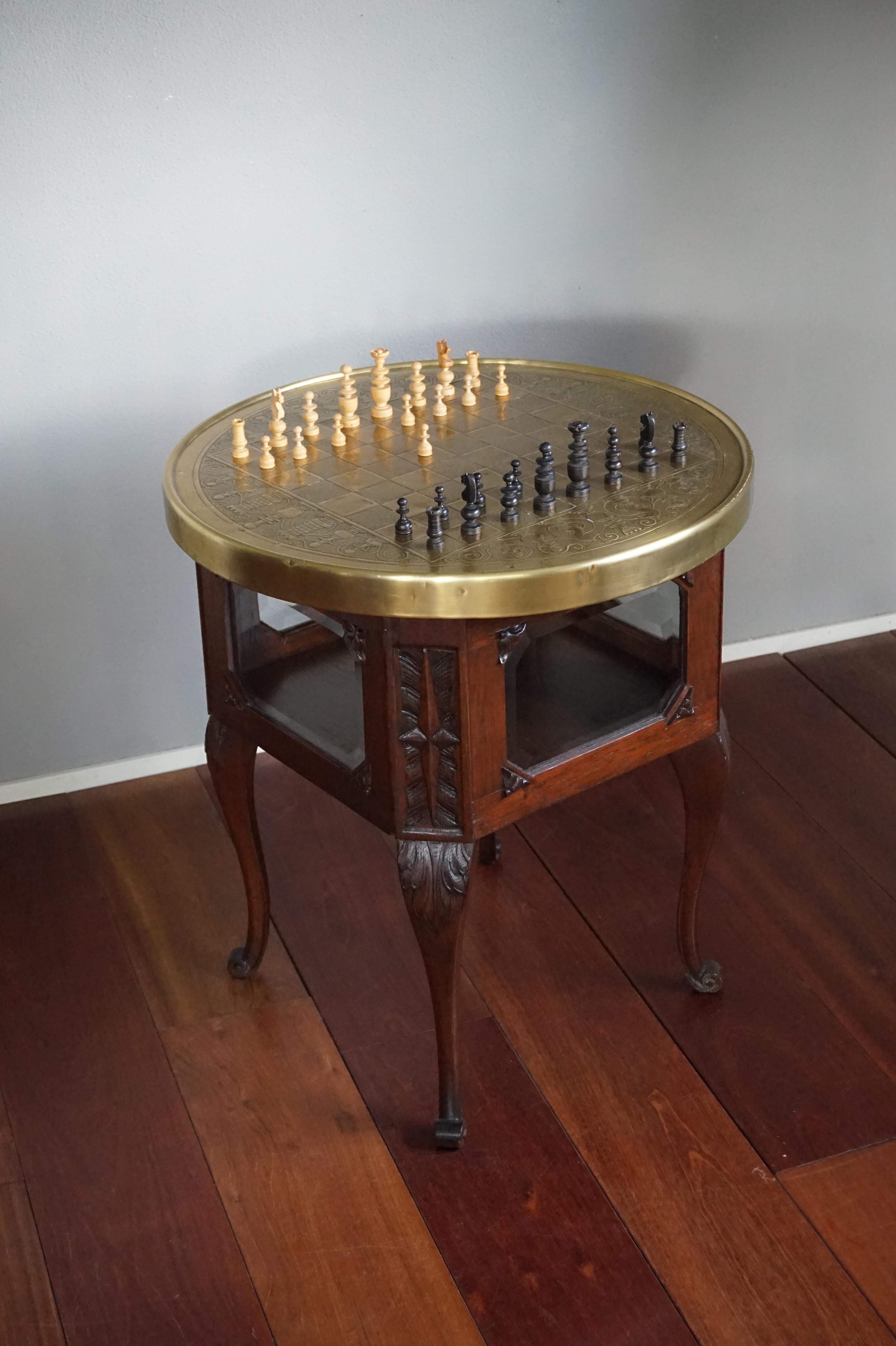 Arts & Crafts Chess Table and Drinks Cabinet with Embossed Brass Chess Pieces 3