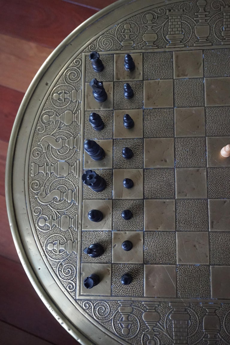 Arts and Crafts Chess Table and Drinks with Embossed Brass