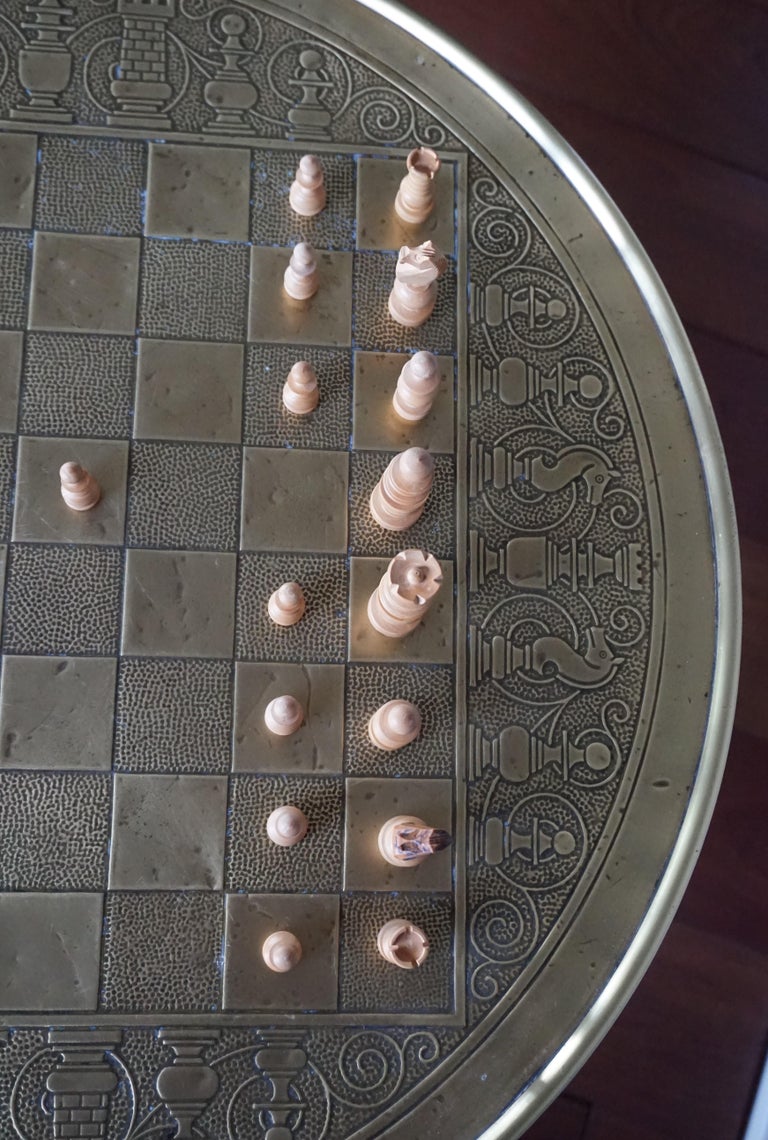 Arts and Crafts Chess Table and Drinks with Embossed Brass