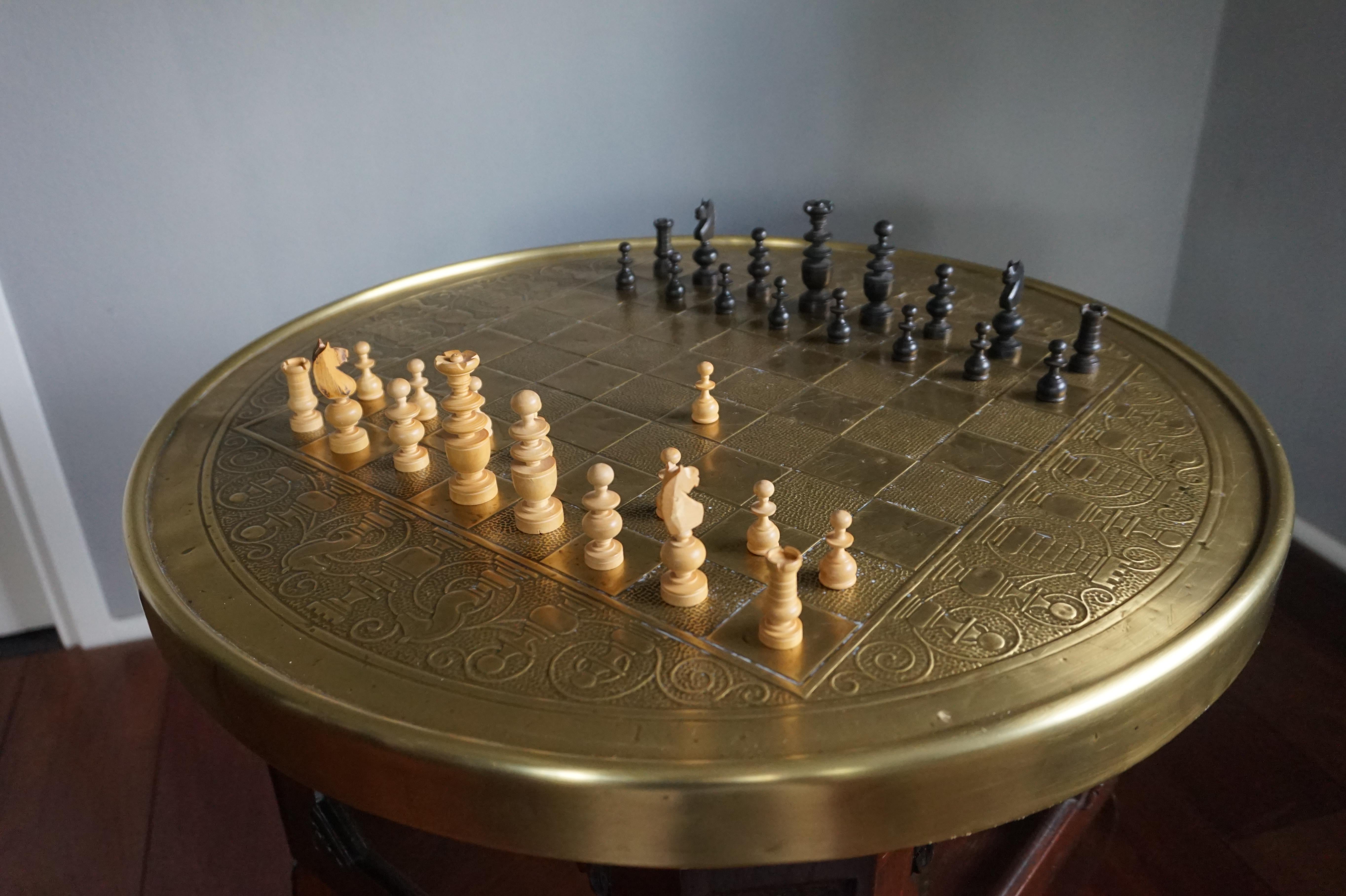Arts & Crafts Chess Table and Drinks Cabinet with Embossed Brass Chess Pieces 6