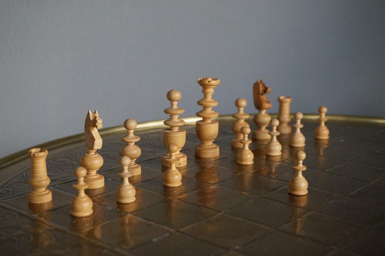 Arts and Crafts Chess Table and Drinks with Embossed Brass