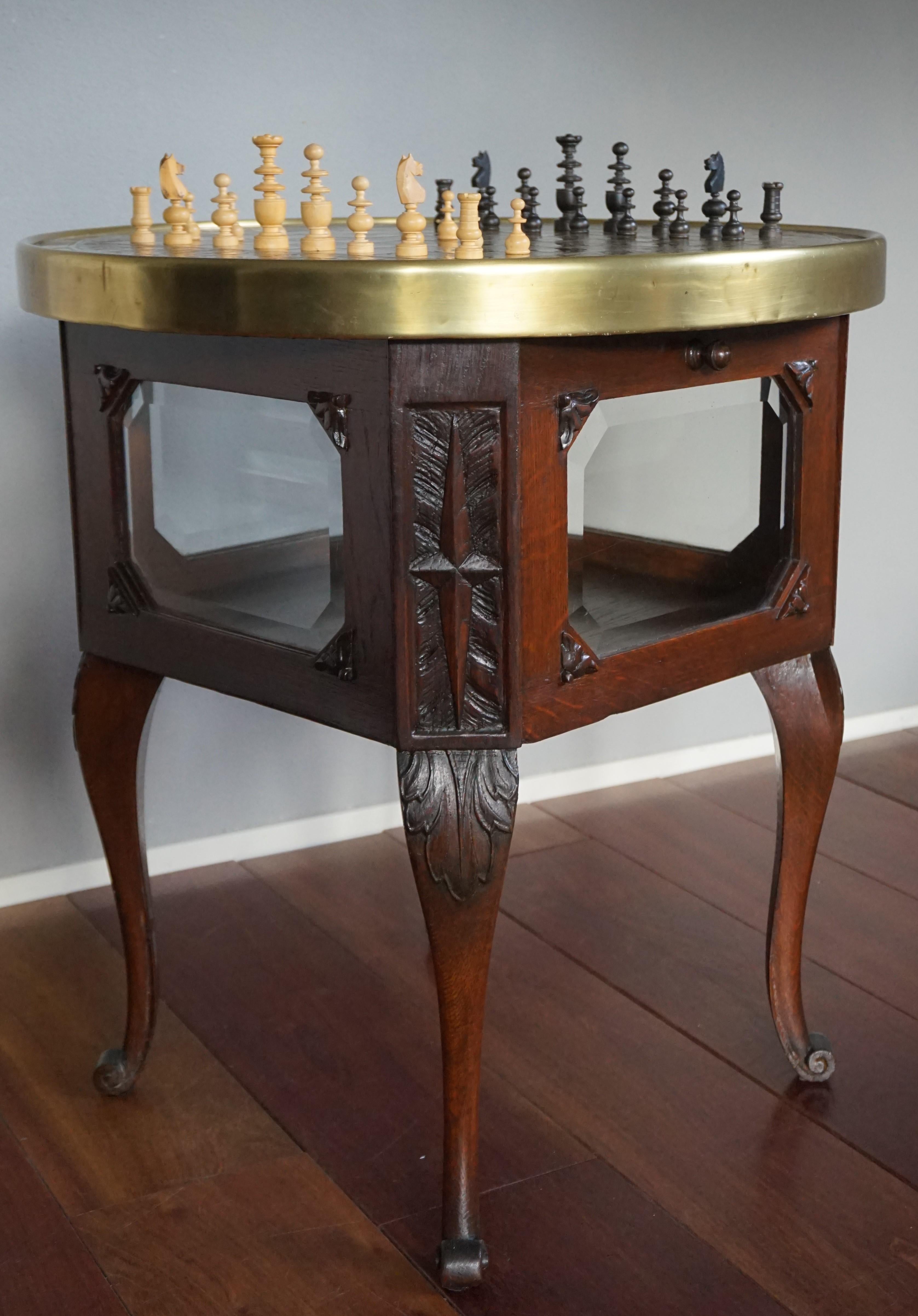 Arts & Crafts Chess Table and Drinks Cabinet with Embossed Brass Chess Pieces 9