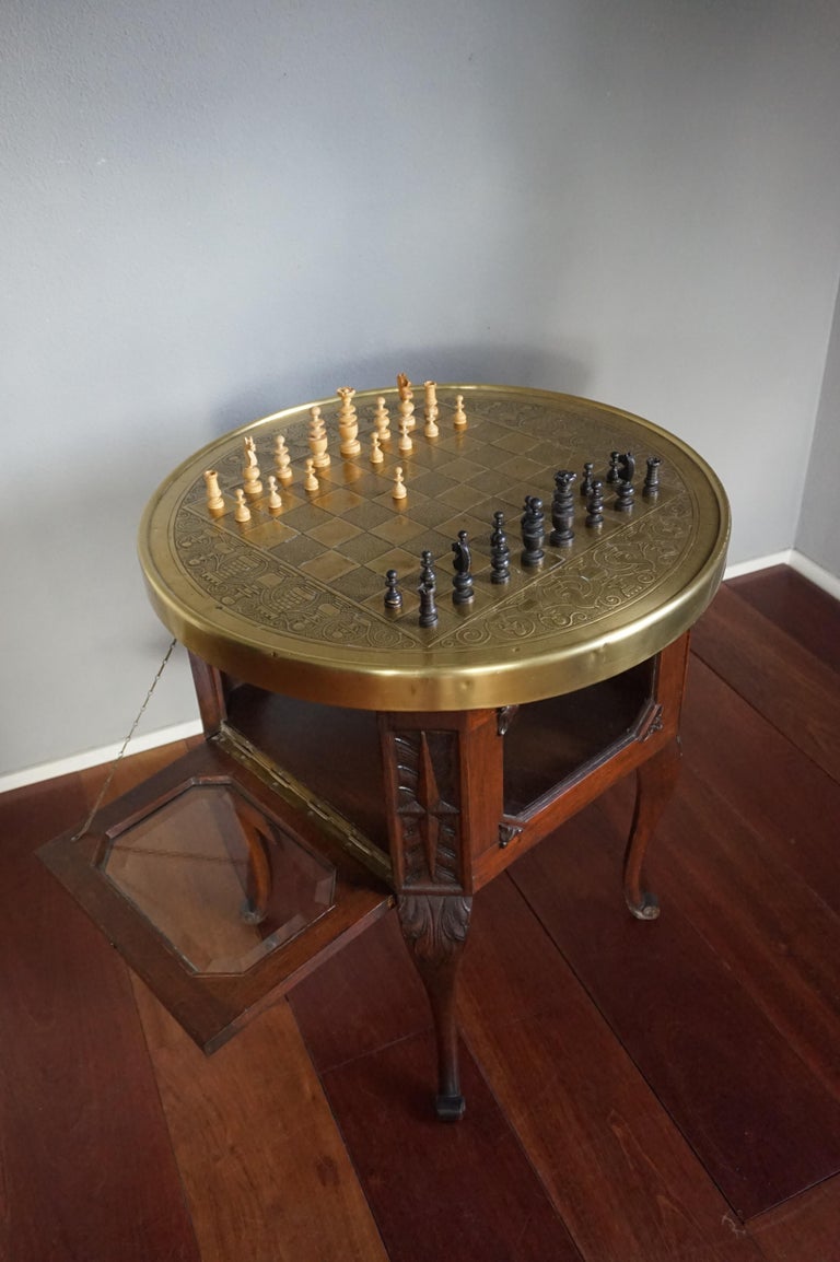 Arts and Crafts Chess Table and Drinks with Embossed Brass