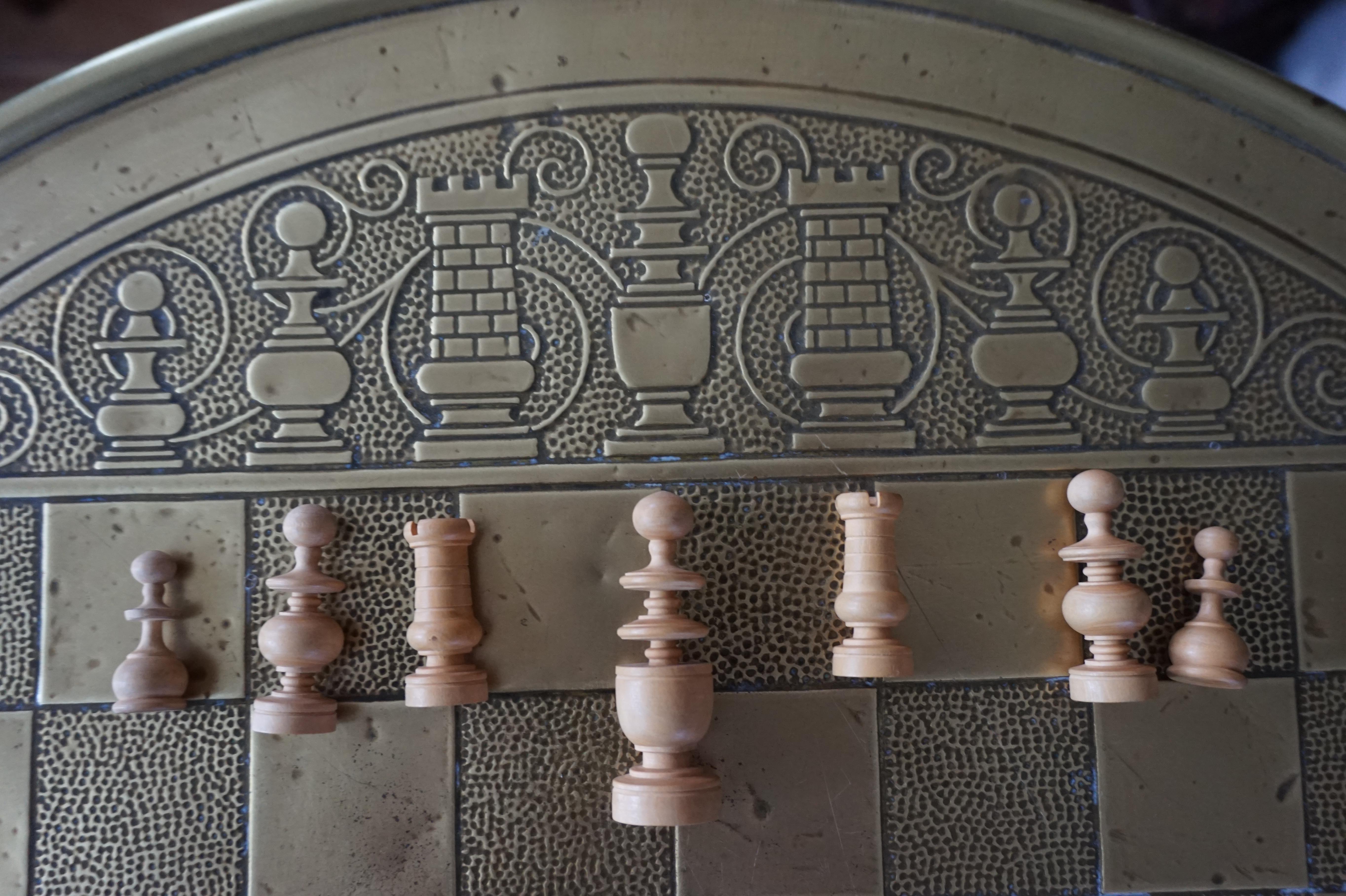Arts and Crafts Arts & Crafts Chess Table and Drinks Cabinet with Embossed Brass Chess Pieces