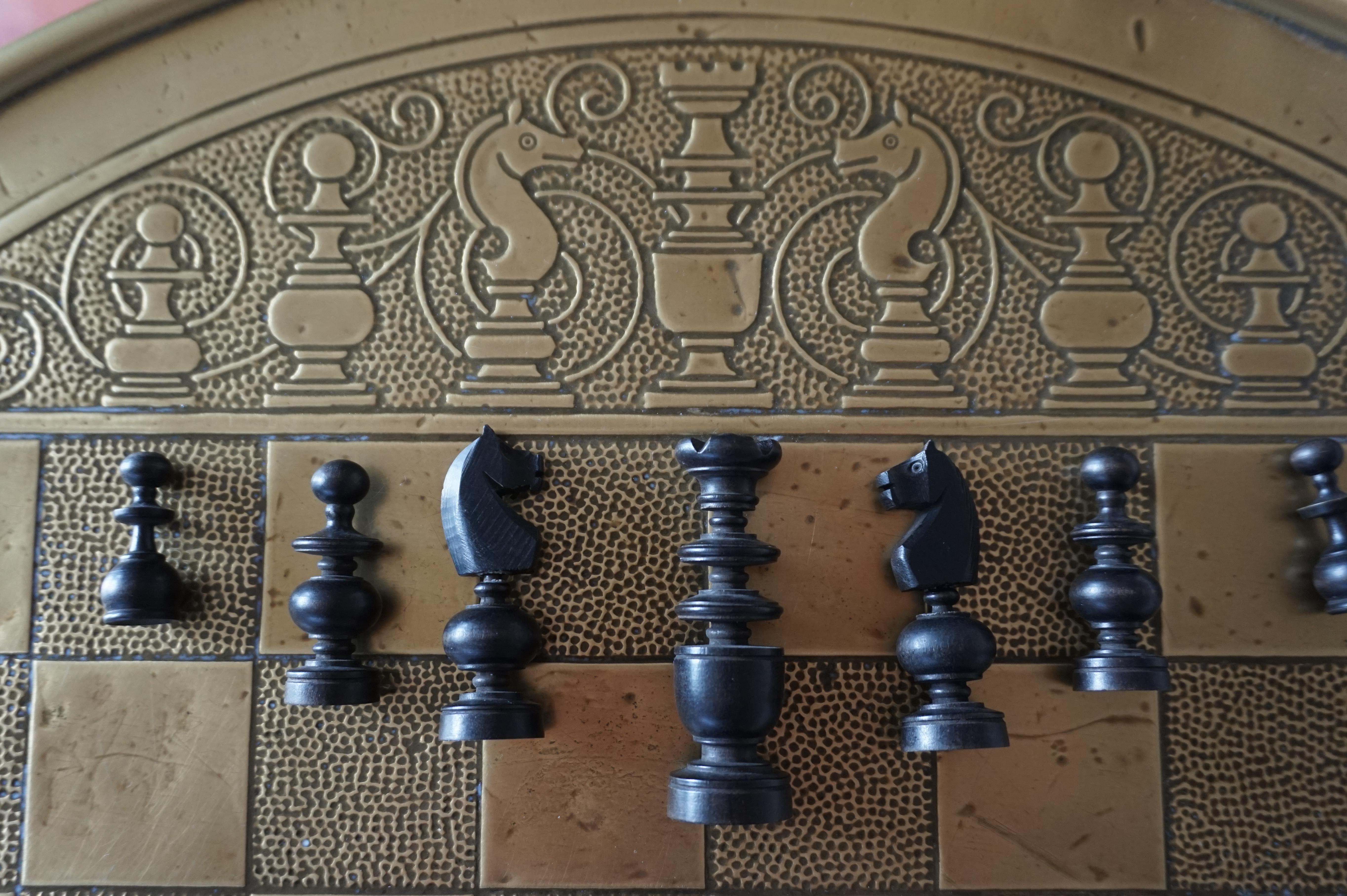 Dutch Arts & Crafts Chess Table and Drinks Cabinet with Embossed Brass Chess Pieces