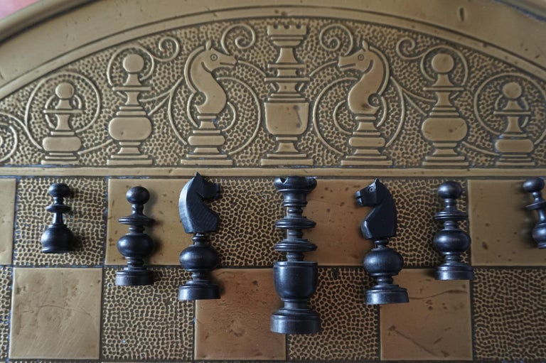 Arts and Crafts Chess Table and Drinks with Embossed Brass