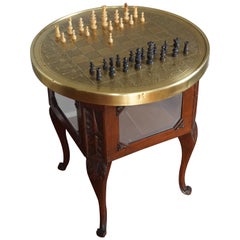 Antique Arts & Crafts Chess Table and Drinks Cabinet with Embossed Brass Chess Pieces