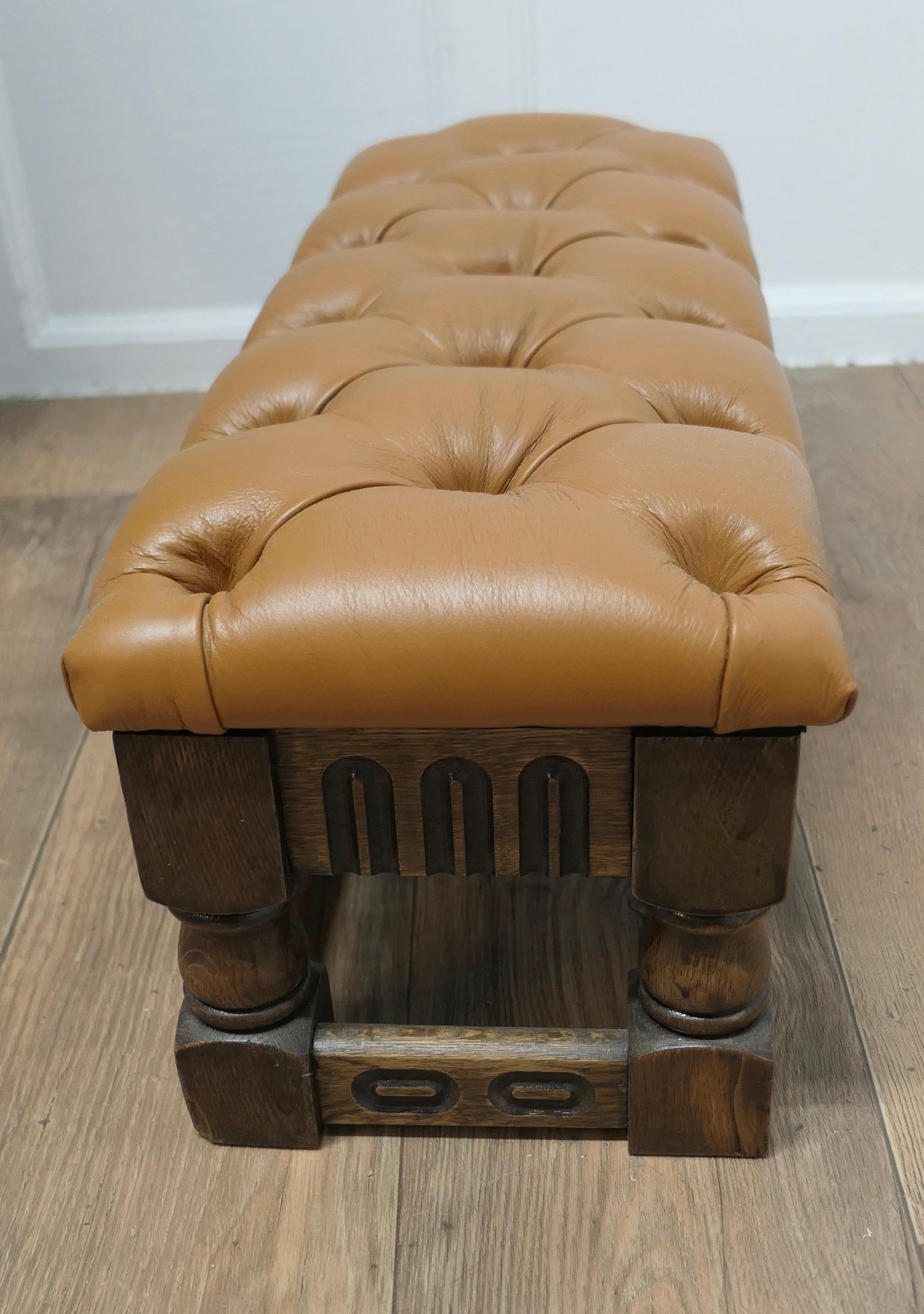 Gothic Arts and Crafts Chesterfield Buttoned Leather Oak Foot Stool    For Sale