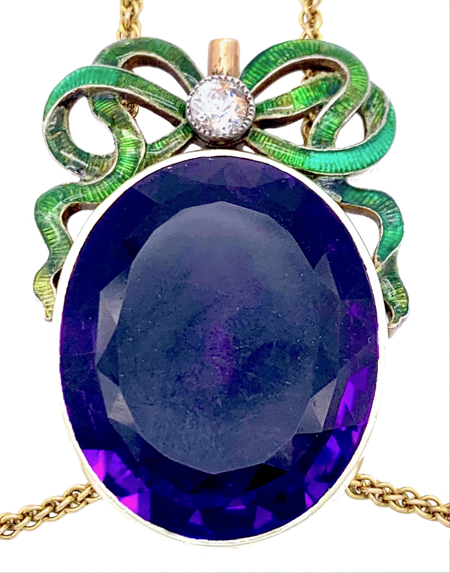 Aesthetic Movement Arts & Crafts Child &Child Necklace Amethist Diamond Enamel 18 Karat Gold For Sale