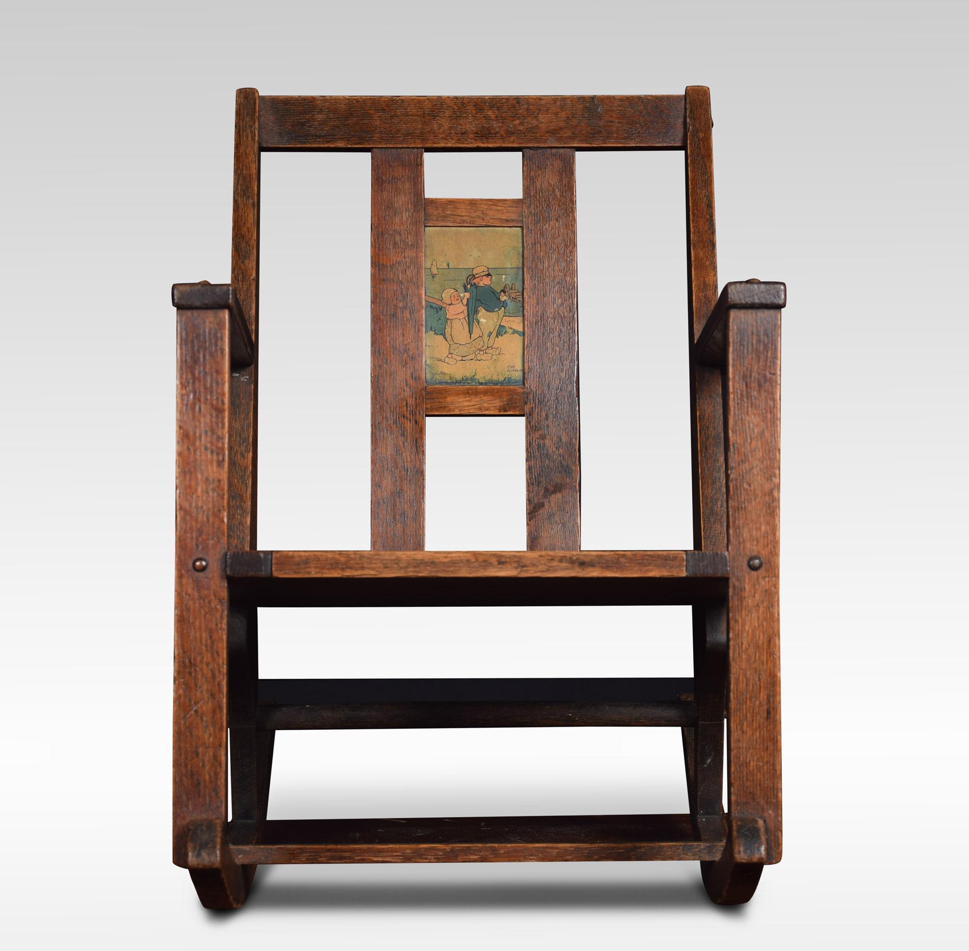 Childs rocking chair of Arts & Crafts designing the stylised back with central cartoon painting by May Gladwin. To the solid oak seat raised up on square supports resting on curved rockers.
Dimensions:
Height 25 inches height to seat 9.5