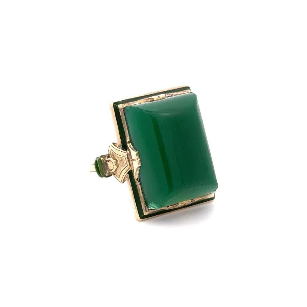 Simply Beautiful! Vintage Arts & Crafts Chrysoprase and Enamel Gold Solitaire Ring. Centering a Chrysoprase, measuring approx. 1.1” l x 0.8” w. Enamel accents add a hint of richness and elegance. The ring is Hand crafted in 14K Yellow Gold. Ring