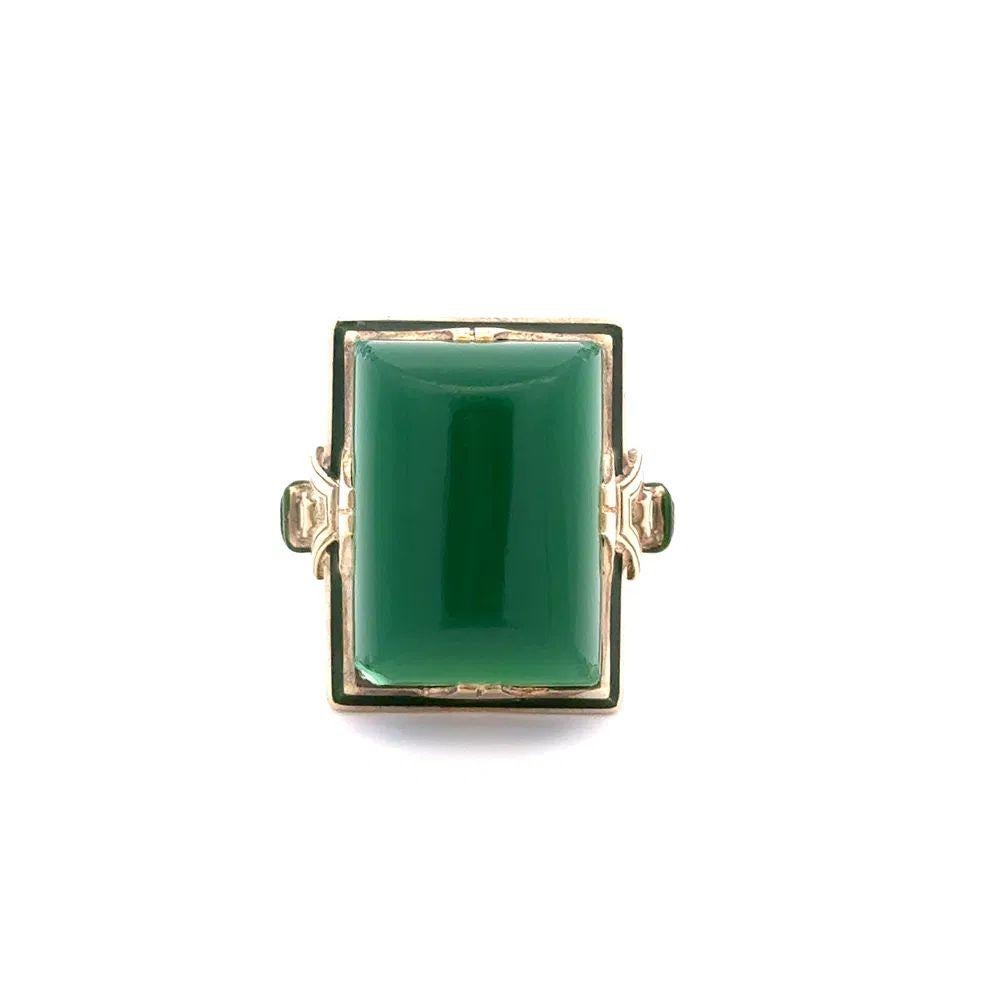 Art Deco Arts and Crafts Chrysoprase and Enamel Gold Solitaire Statement Ring For Sale