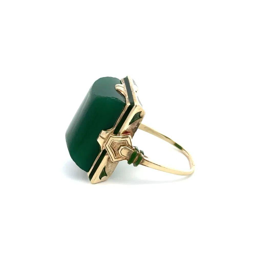 Women's or Men's Arts and Crafts Chrysoprase and Enamel Gold Solitaire Statement Ring For Sale