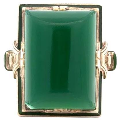 Arts and Crafts Chrysoprase and Enamel Gold Solitaire Statement Ring