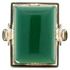 Arts and Crafts Chrysoprase and Enamel Gold Solitaire Statement Ring