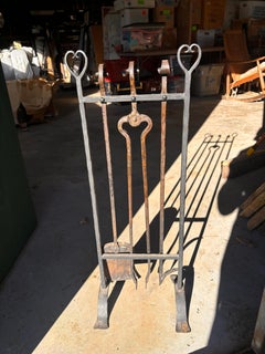 Arts And Crafts Complete Set Hand Forged Iron Fireplace Tools, Must Haves