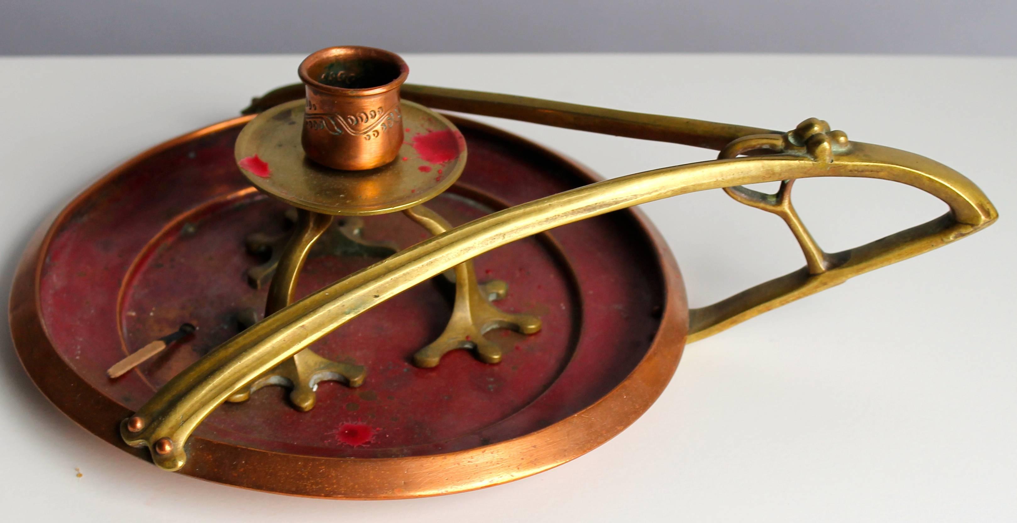 Arts and Crafts copper and brass candleholder Jugendstil Aesthetic Movement. Candleholder retains original patinated surface.