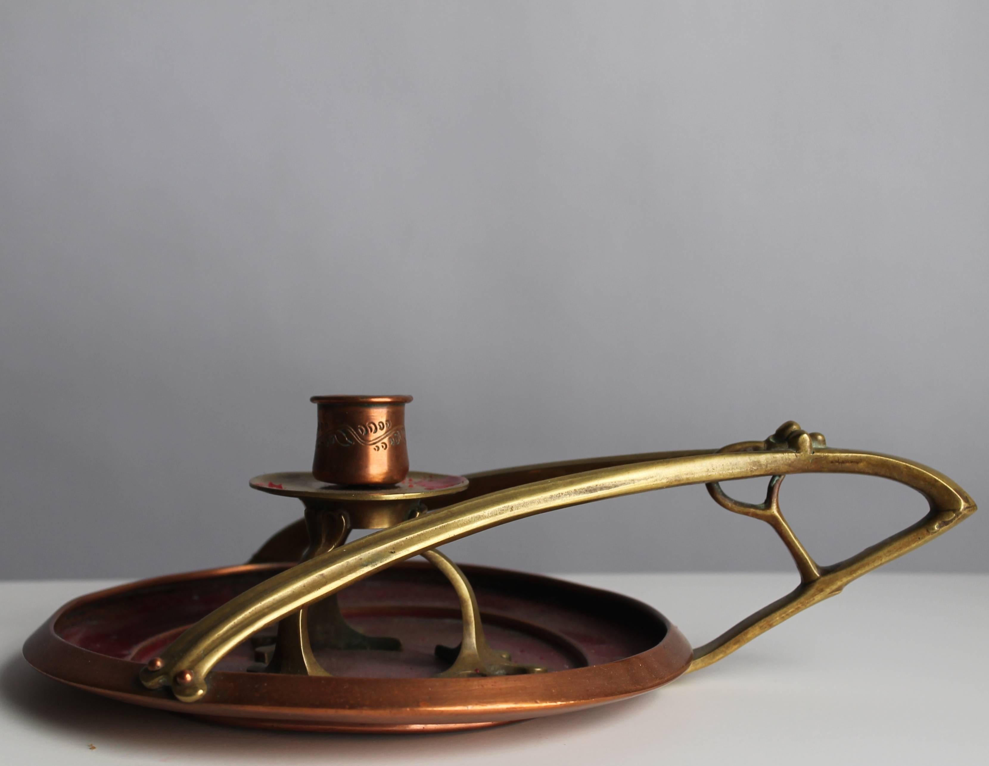 British Arts and Crafts Copper and Brass Candleholder Jugendstil Aesthetic Movement For Sale