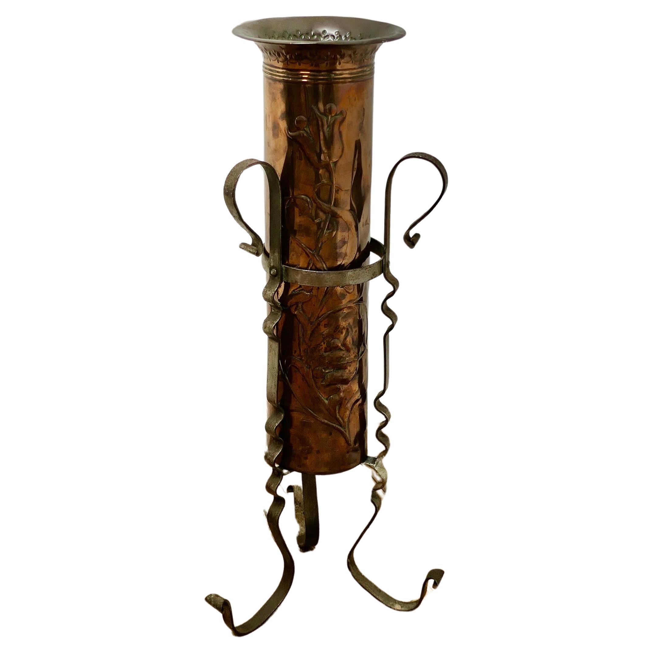 Arts and Crafts Copper and Iron Umbrella Stand  An unusual and attractive piece For Sale